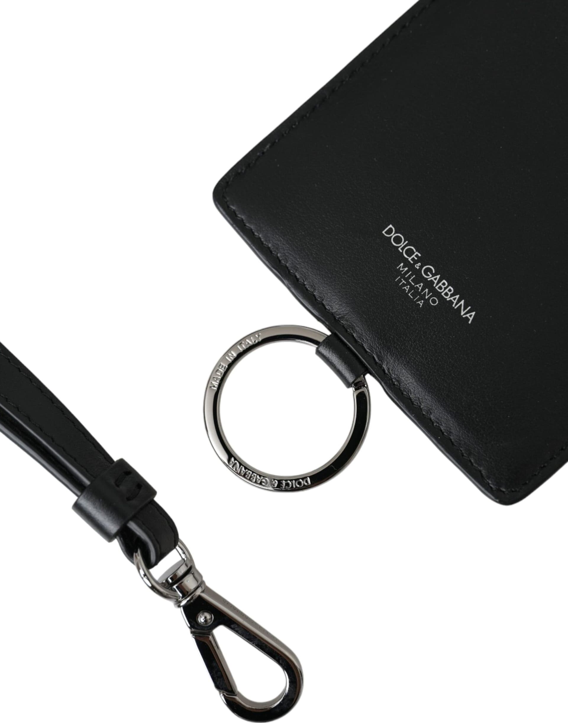 Black Calf Leather Lanyard Logo Card Holder Men Wallet - 6