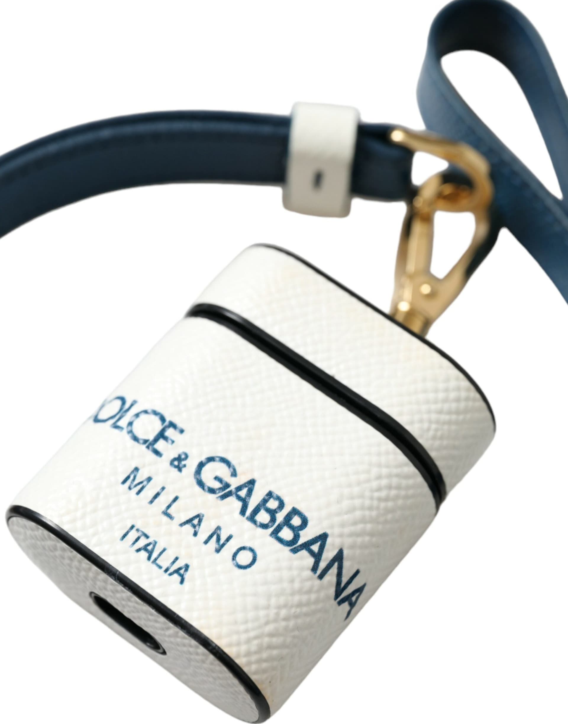 White Blue Calf Leather Logo Print Strap Airpods Case - 3