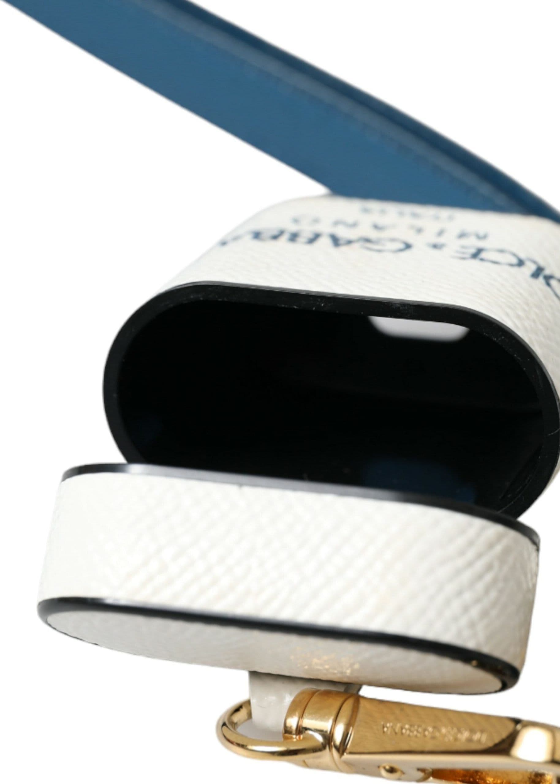 White Blue Calf Leather Logo Print Strap Airpods Case - 5