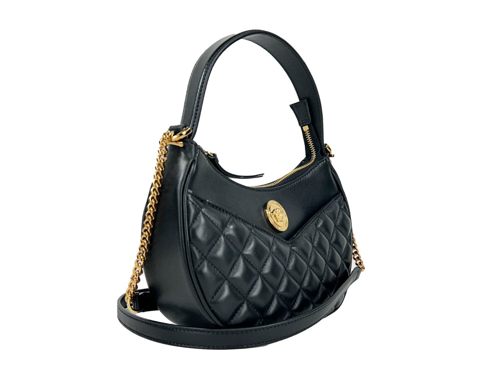 Versace Quilted Black Leather Half Moon Chain Crossbody Bag - 2