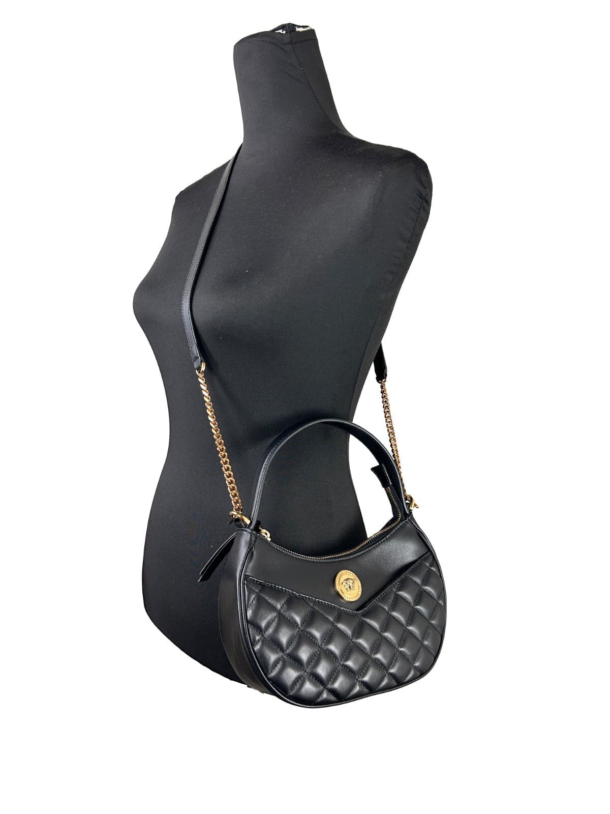 Versace Quilted Black Leather Half Moon Chain Crossbody Bag - 4
