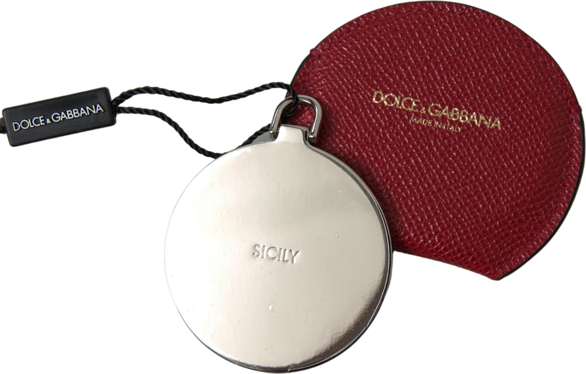 Red Calfskin Leather Round Hand Mirror Holder - 2