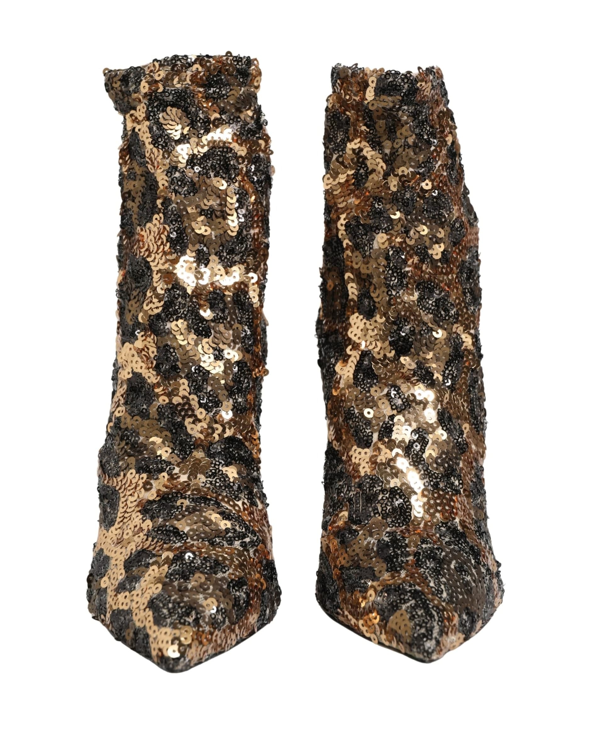 Gold Leopard Sequin Sock Ankle Boots Shoes - 2