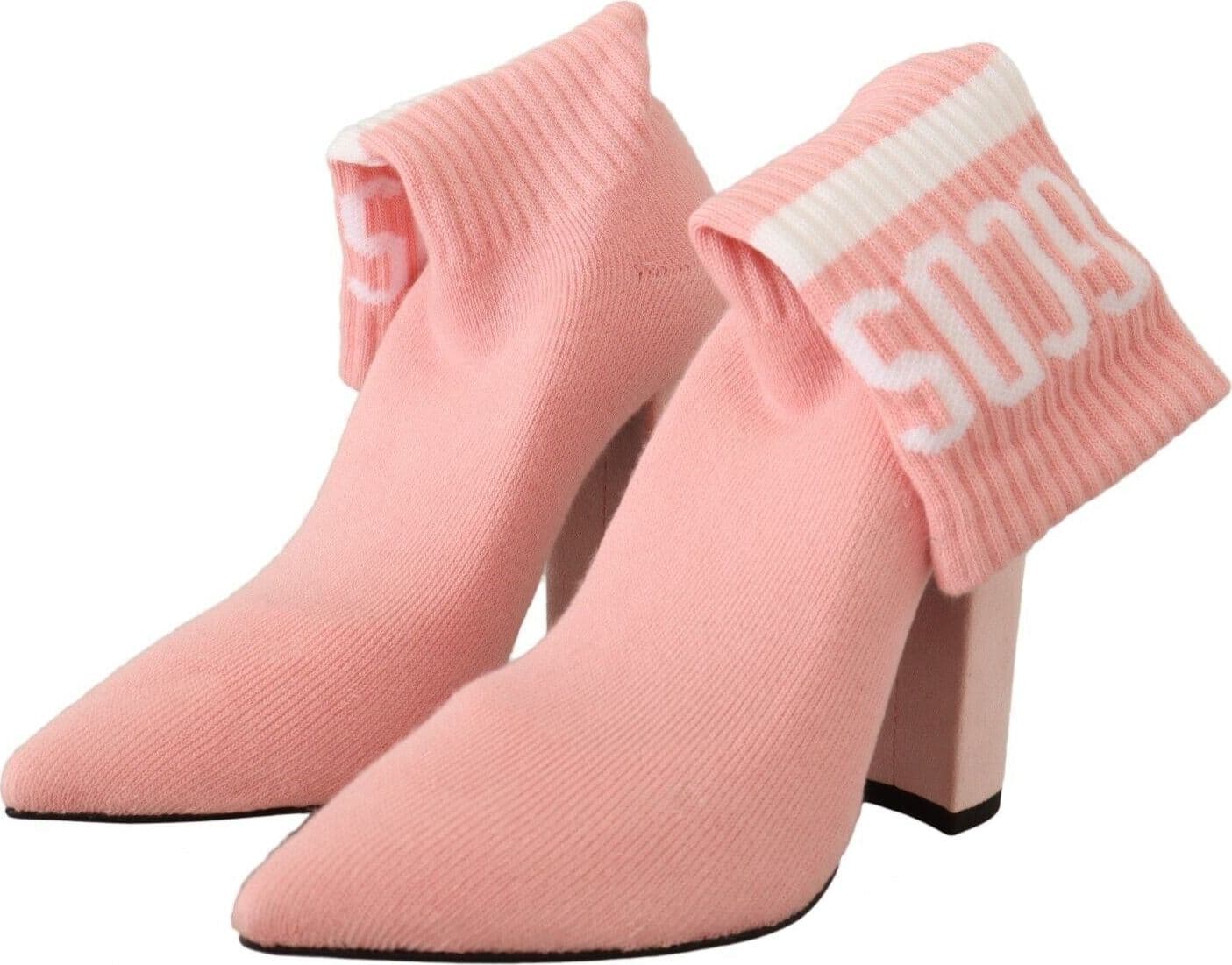 Pink Suede Logo Socks Block Heel Ankle Boots Shoes - 7