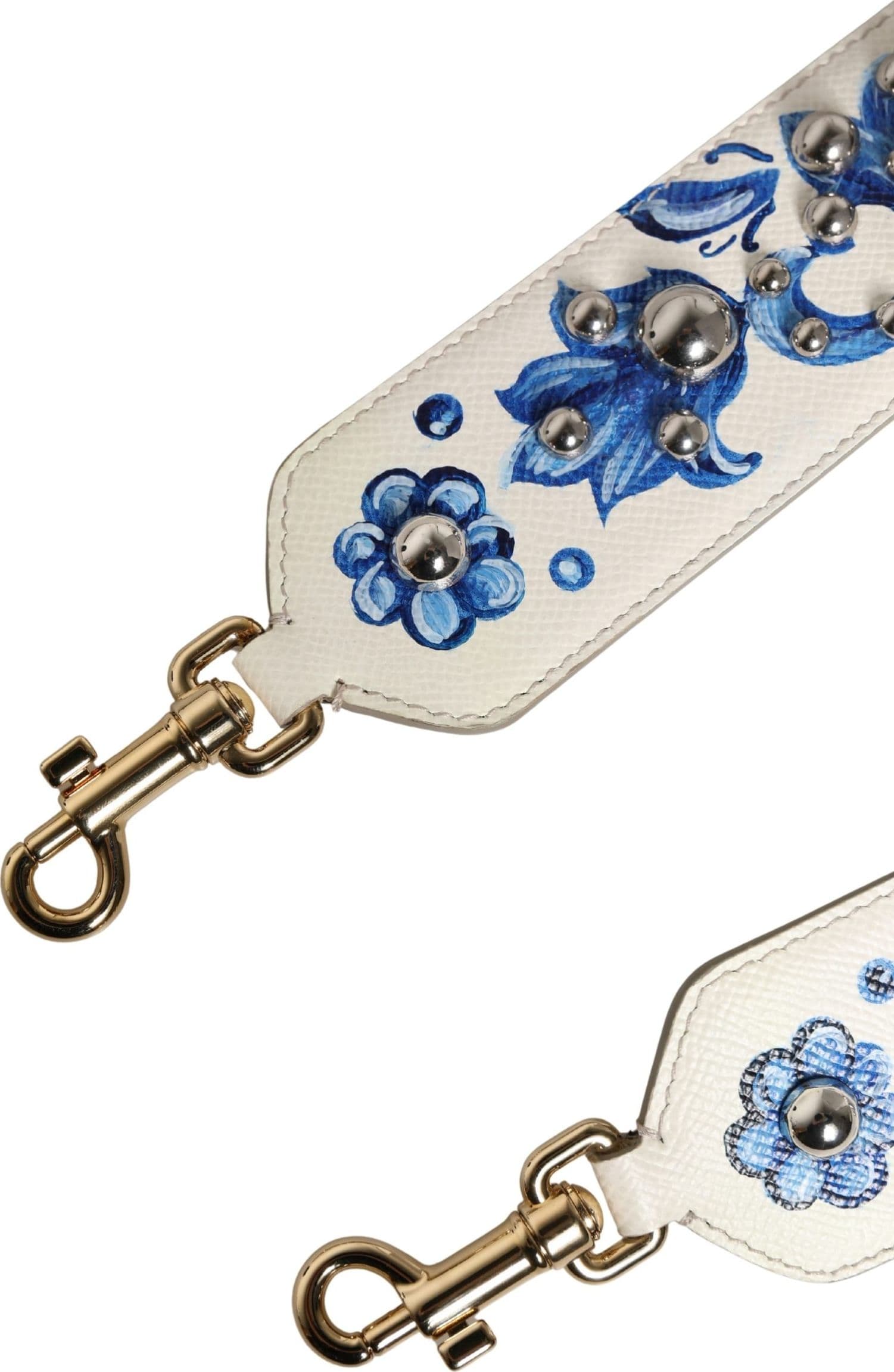 White Blue Floral Leather Stud Accessory Shoulder Strap - 3