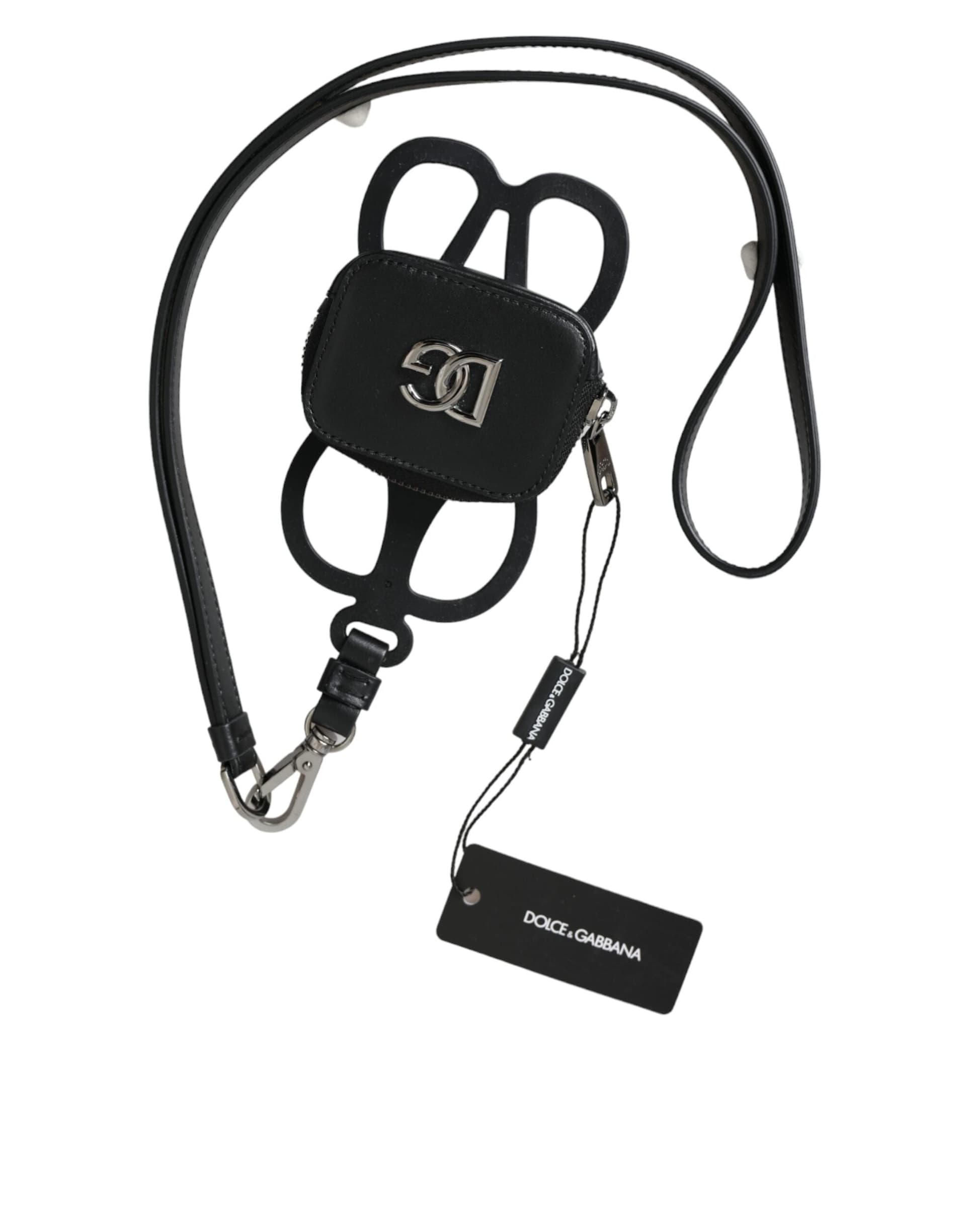Black Calfskin Leather DG Logo Coin Purse Lanyard Wallet - 2