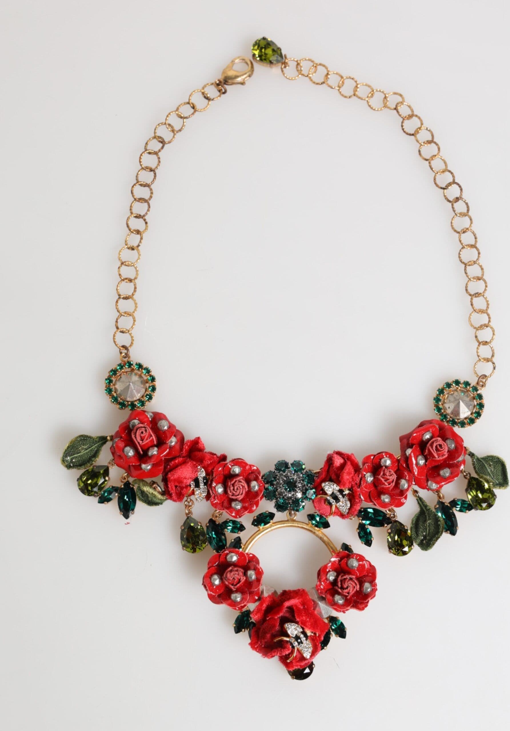 Red Rose Floral Crystal Embellished Statement Jewelry Necklace - 2