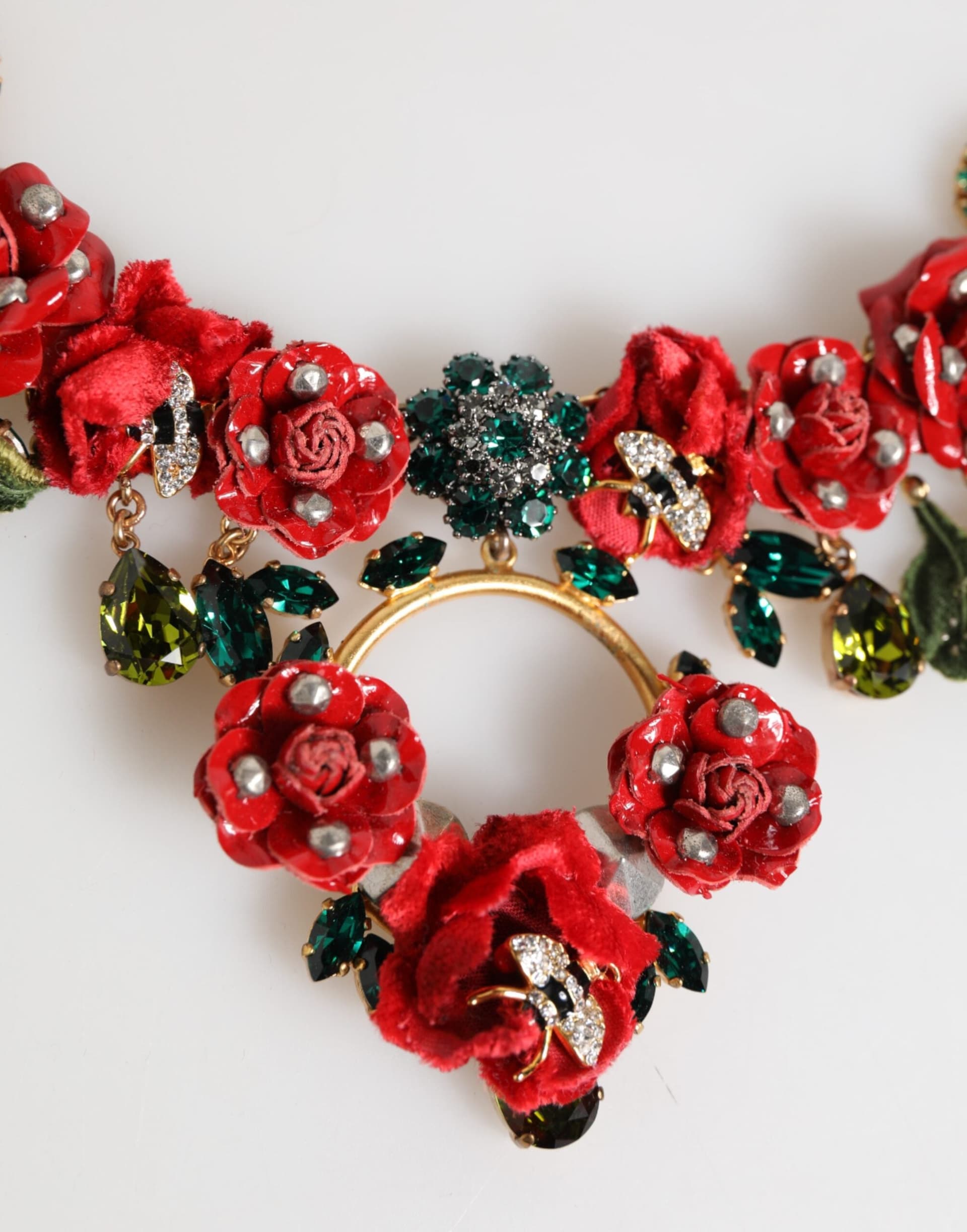 Red Rose Floral Crystal Embellished Statement Jewelry Necklace - 3