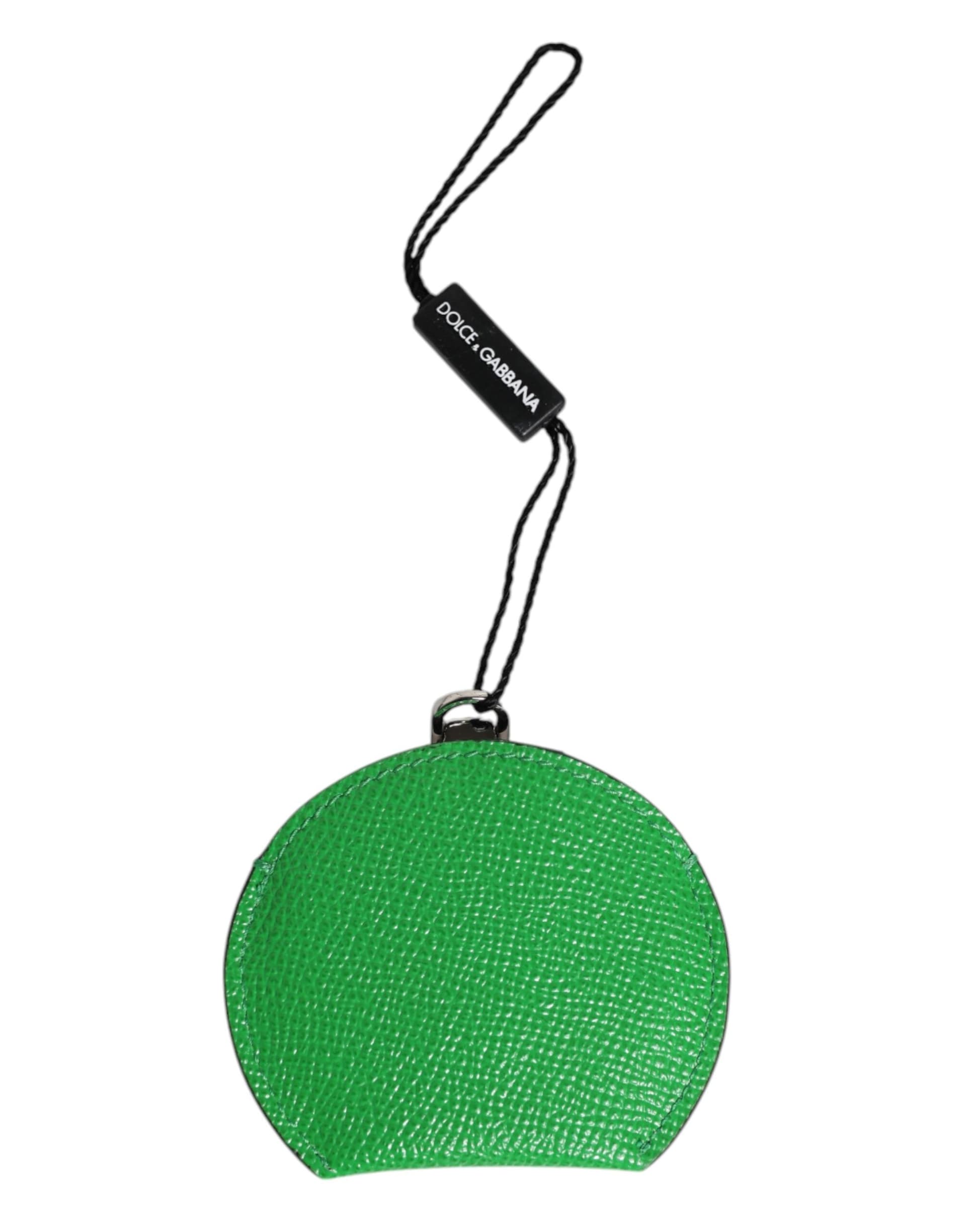 Green Calfskin Leather Round Logo Hand Mirror Holder - 4