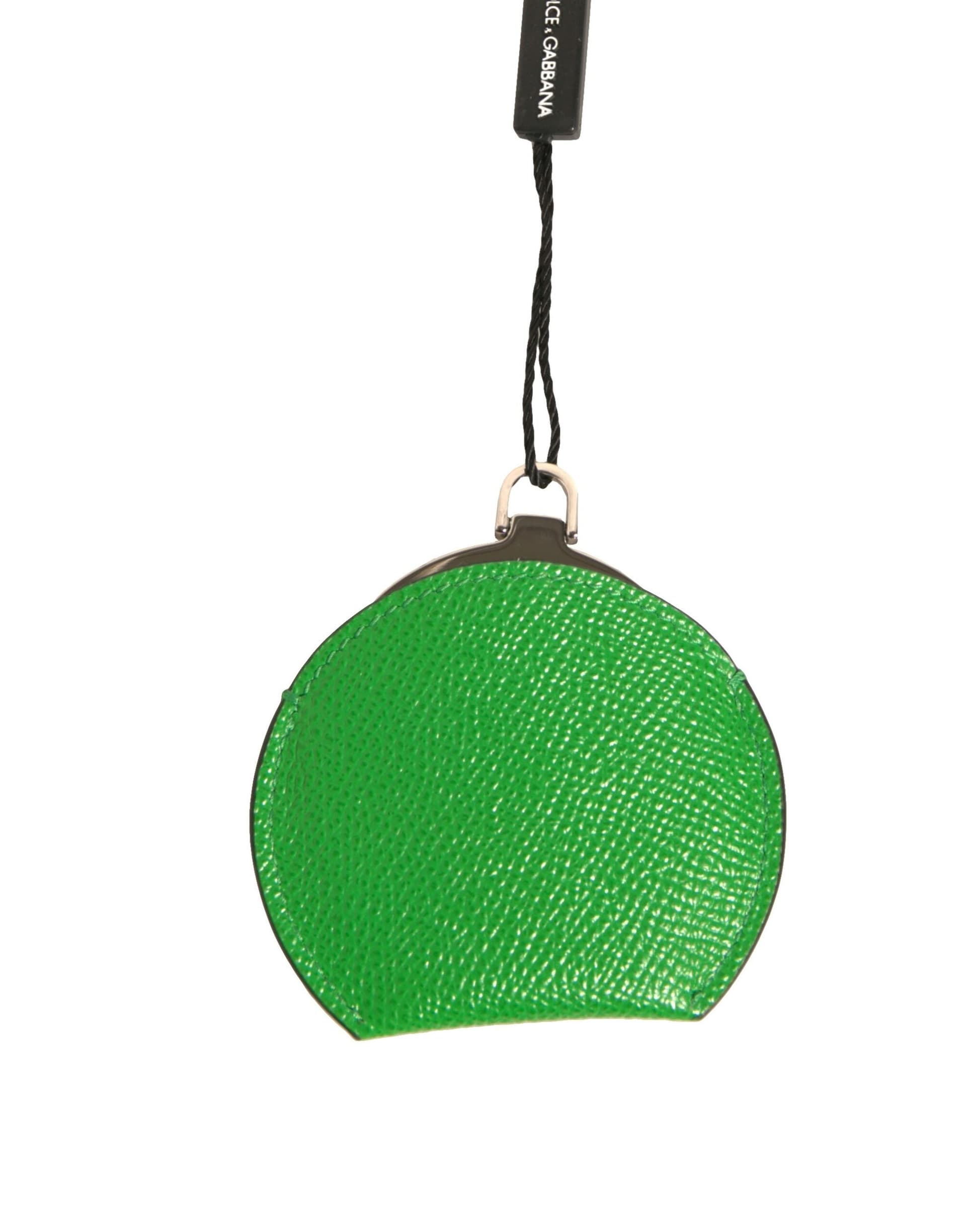 Green Calfskin Leather Round Logo Hand Mirror Holder - 3