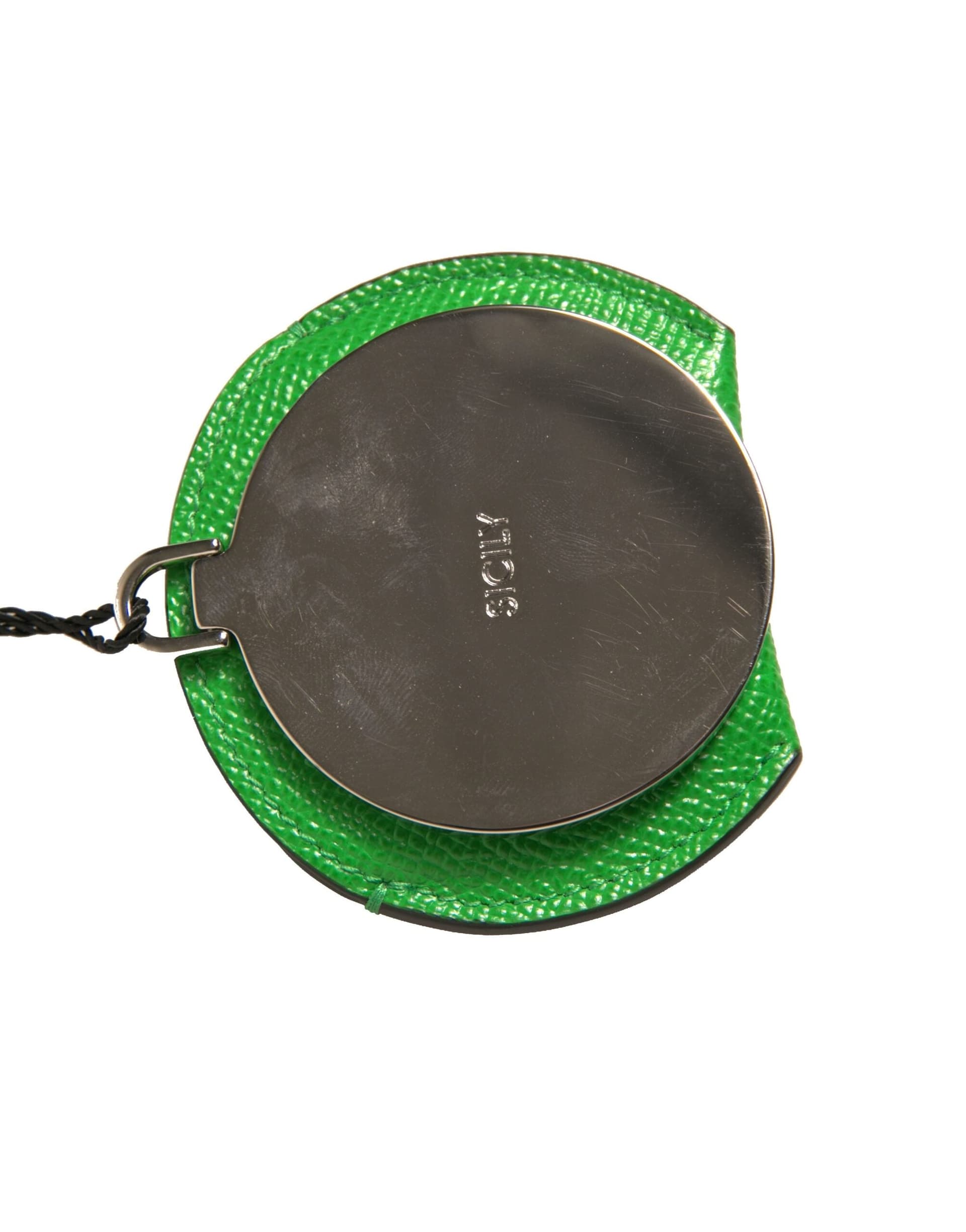 Green Calfskin Leather Round Logo Hand Mirror Holder - 4