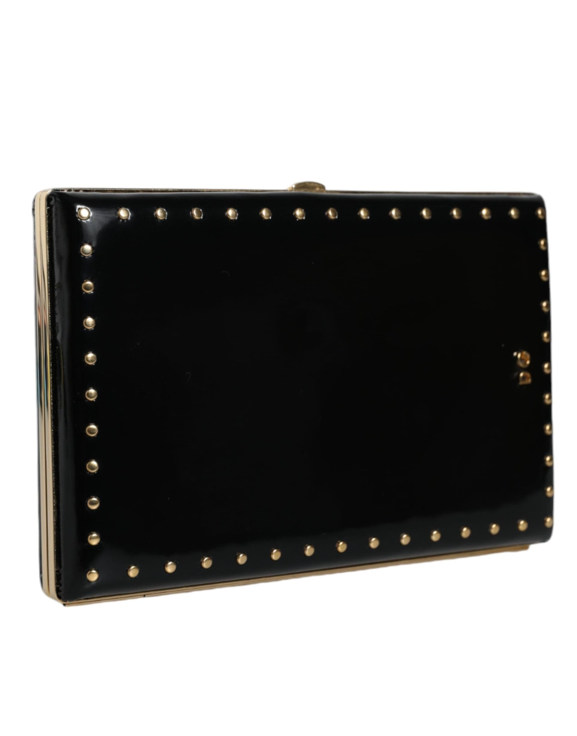 Black Leather Studs Gold Frame Clutch Evening Purse Bag - 2
