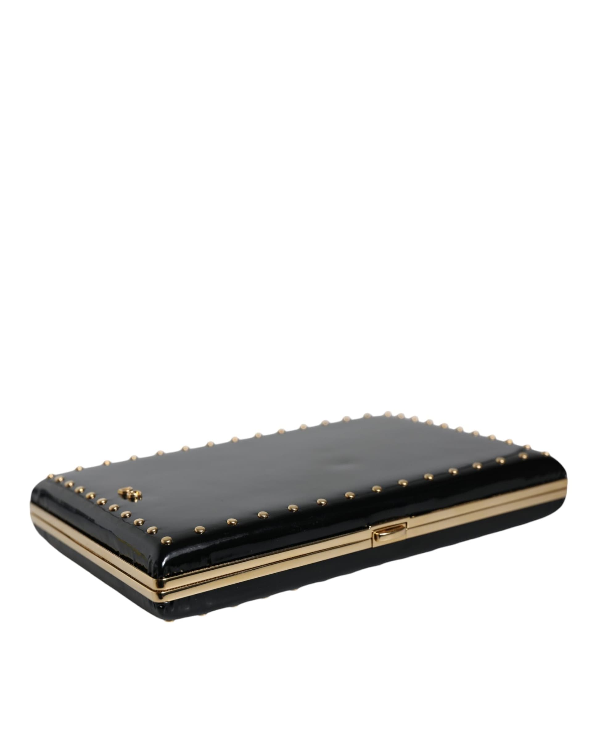 Black Leather Studs Gold Frame Clutch Evening Purse Bag - 4