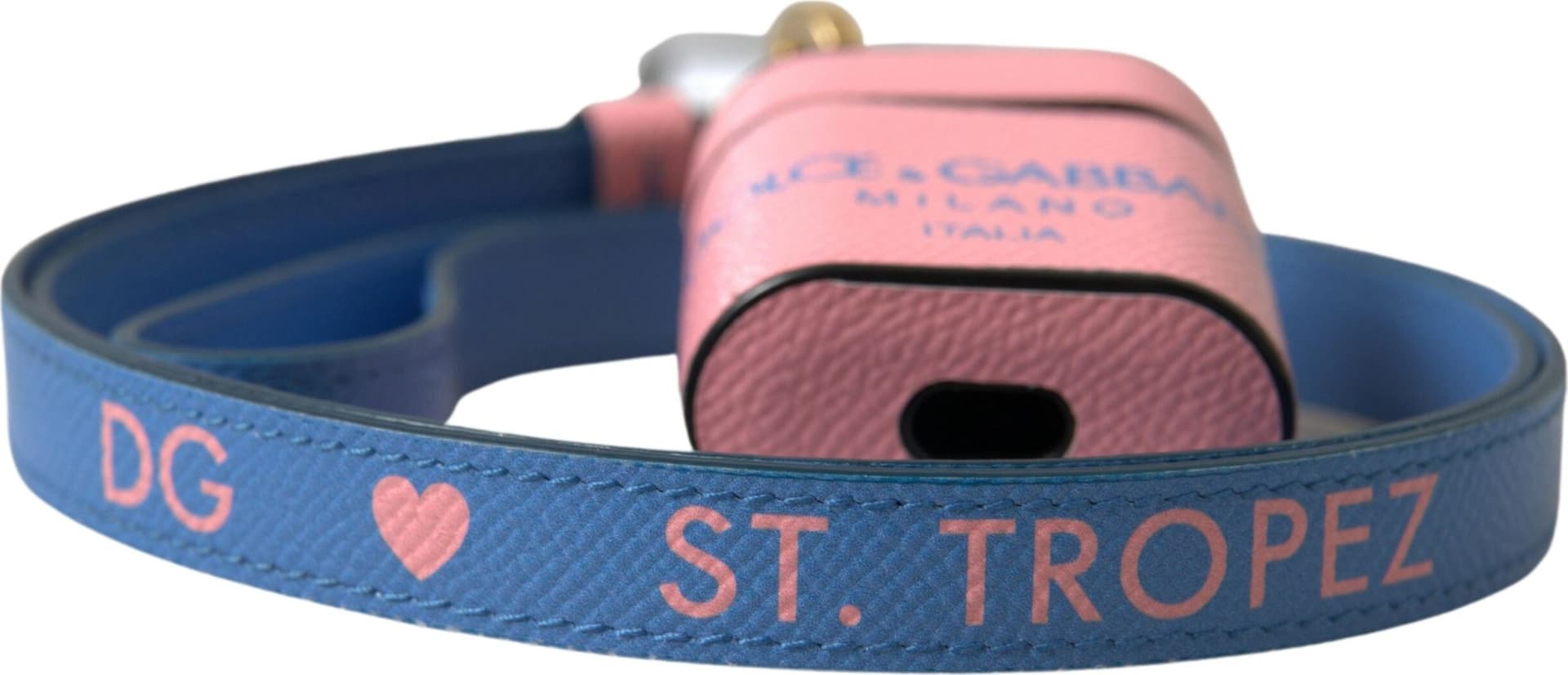 Pink Blue Calf Leather Logo Print Strap Airpods Case