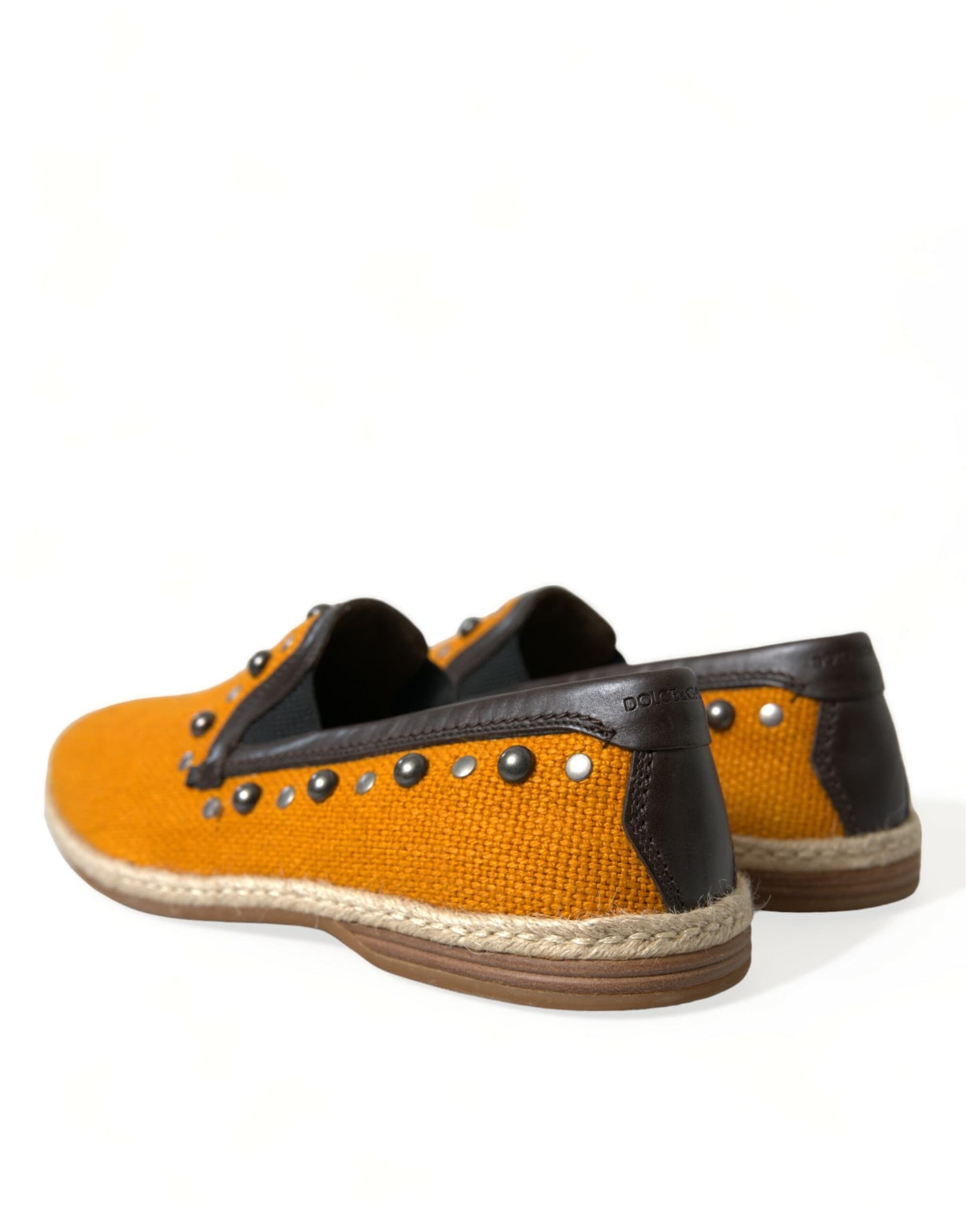 Orange Linen Leather Studded Loafers Shoes - 3