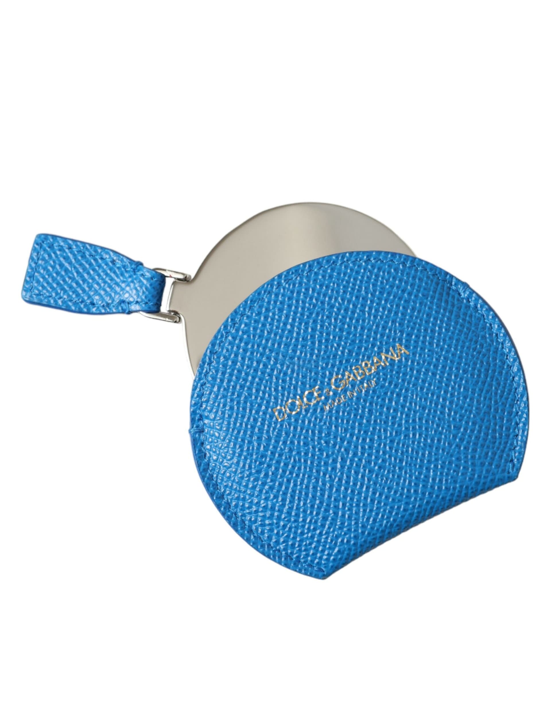 Blue Calfskin Leather Round Logo Hand Mirror Holder - 3