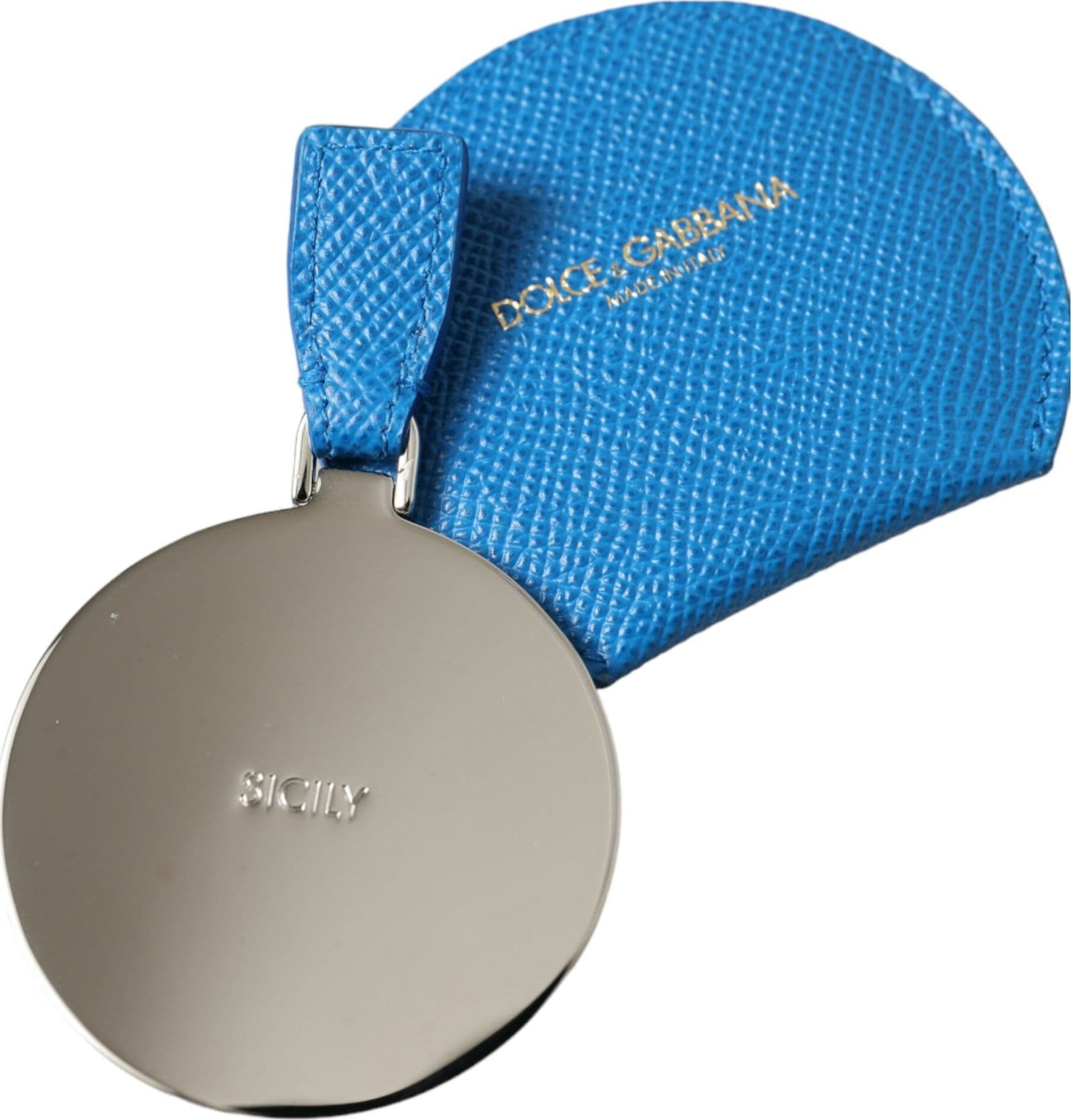 Blue Calfskin Leather Round Logo Hand Mirror Holder - 4