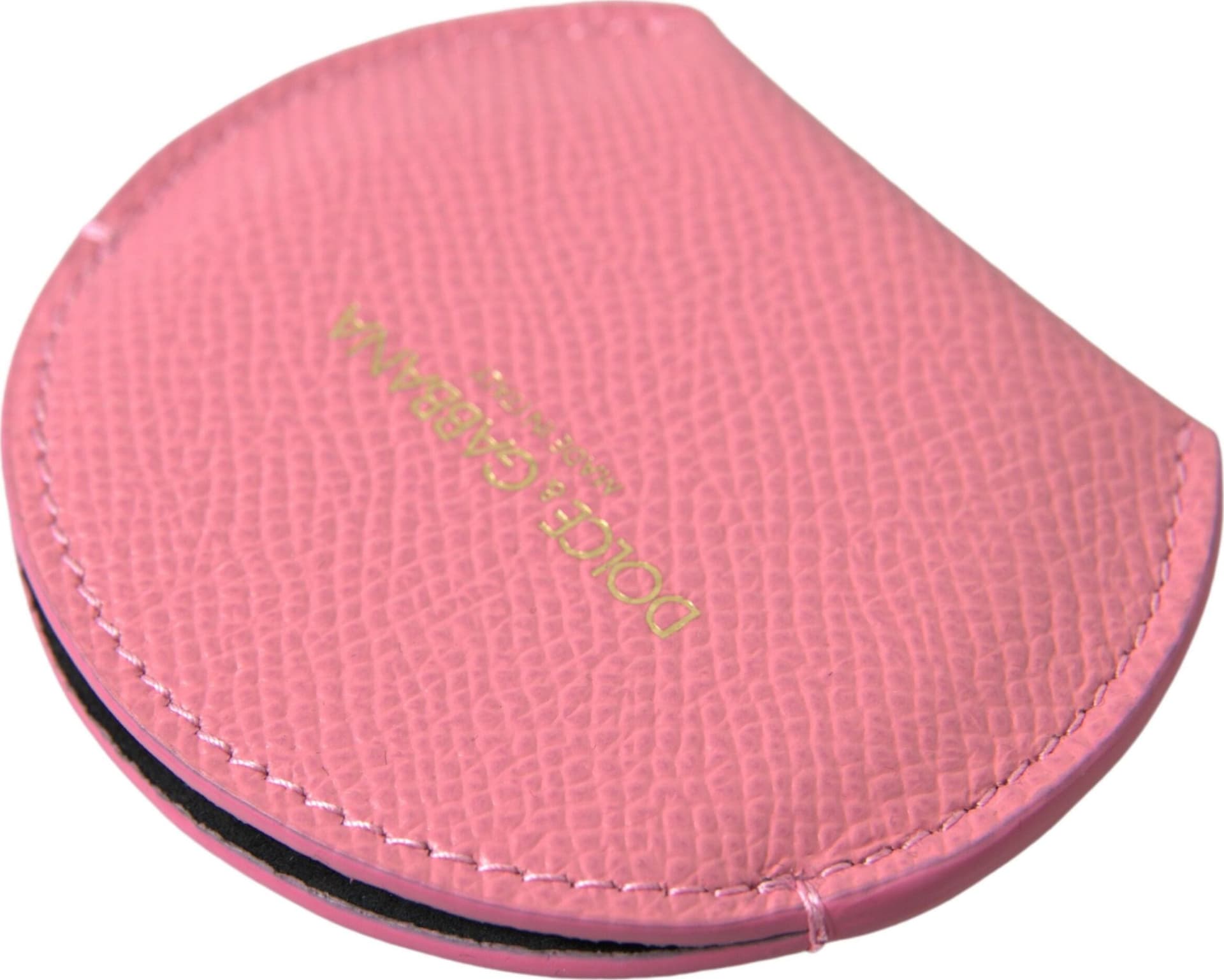 Pink Calfskin Leather Round Logo Print Hand Mirror Holder - 2