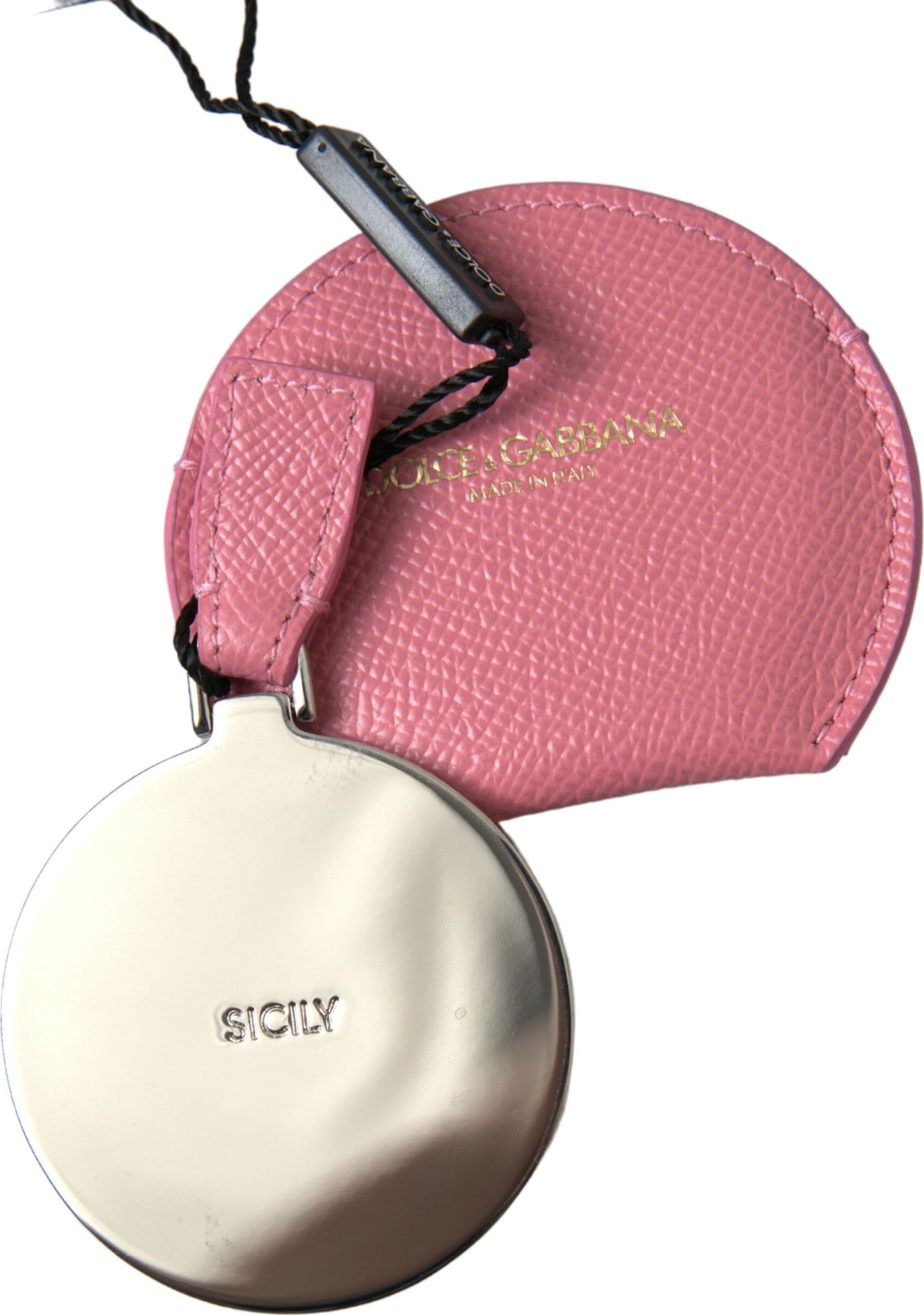 Pink Calfskin Leather Round Logo Print Hand Mirror Holder - 3