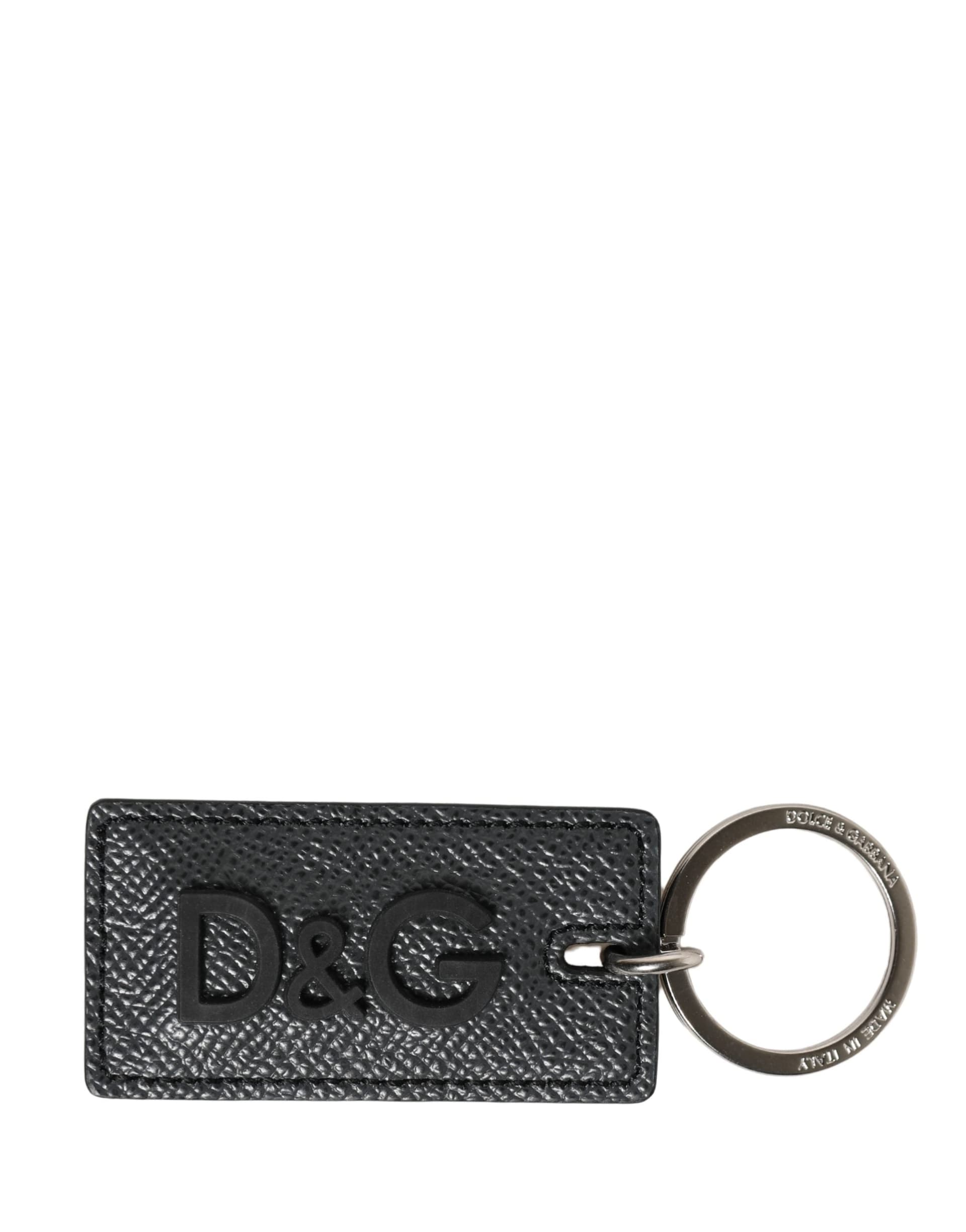 Black Calf Leather D&G Logo Metal Ring Keyring Keychain - 2