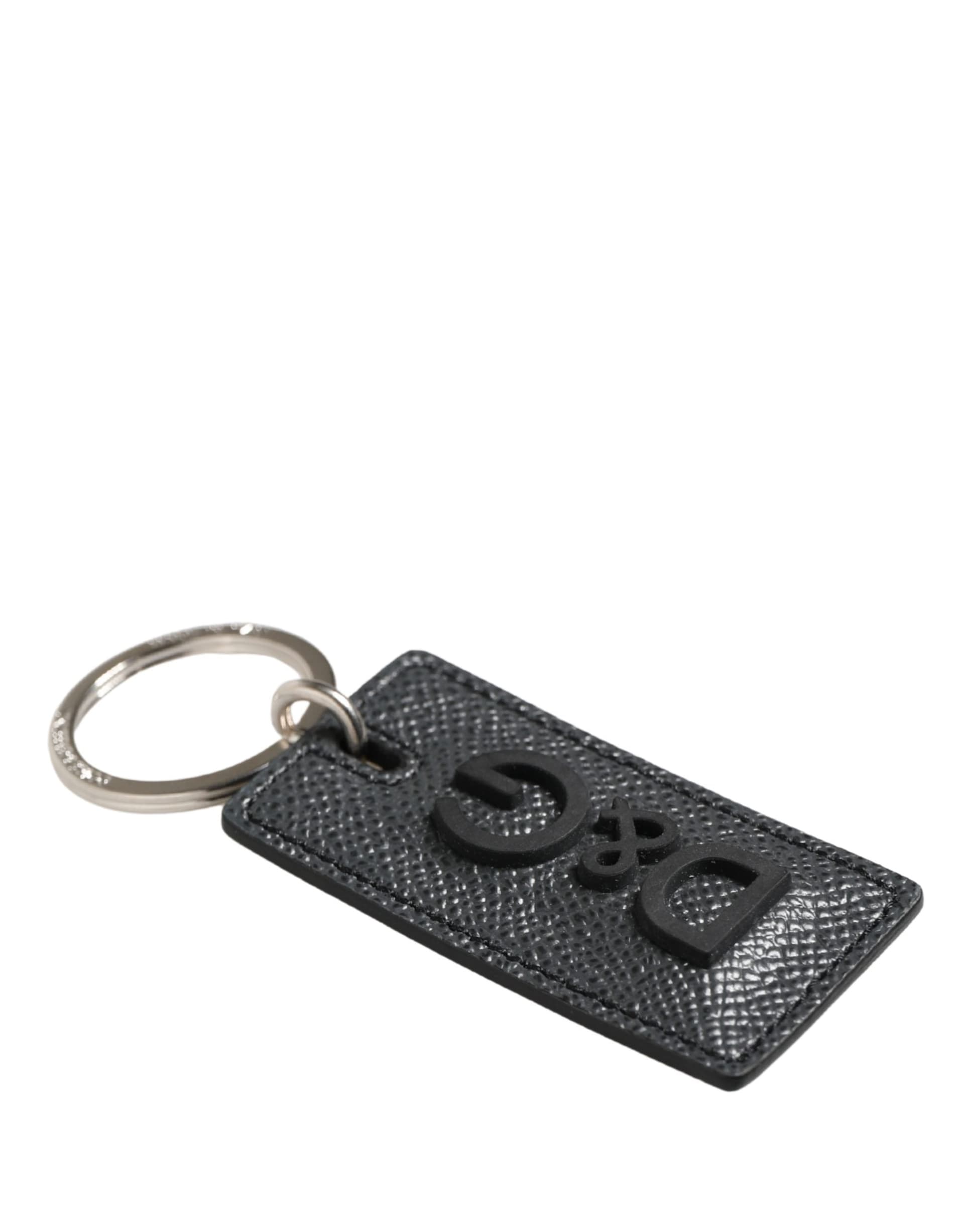 Black Calf Leather D&G Logo Metal Ring Keyring Keychain - 4