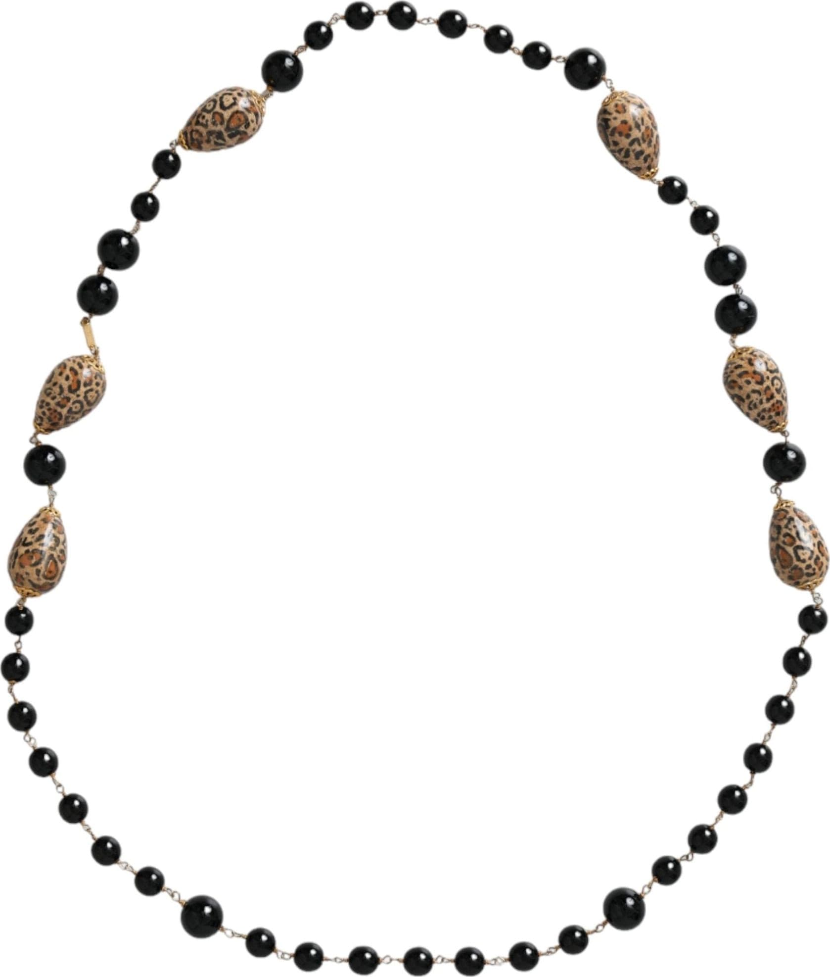 Gold Tone Brass Black Printed Beaded Long Chain Necklace - 2