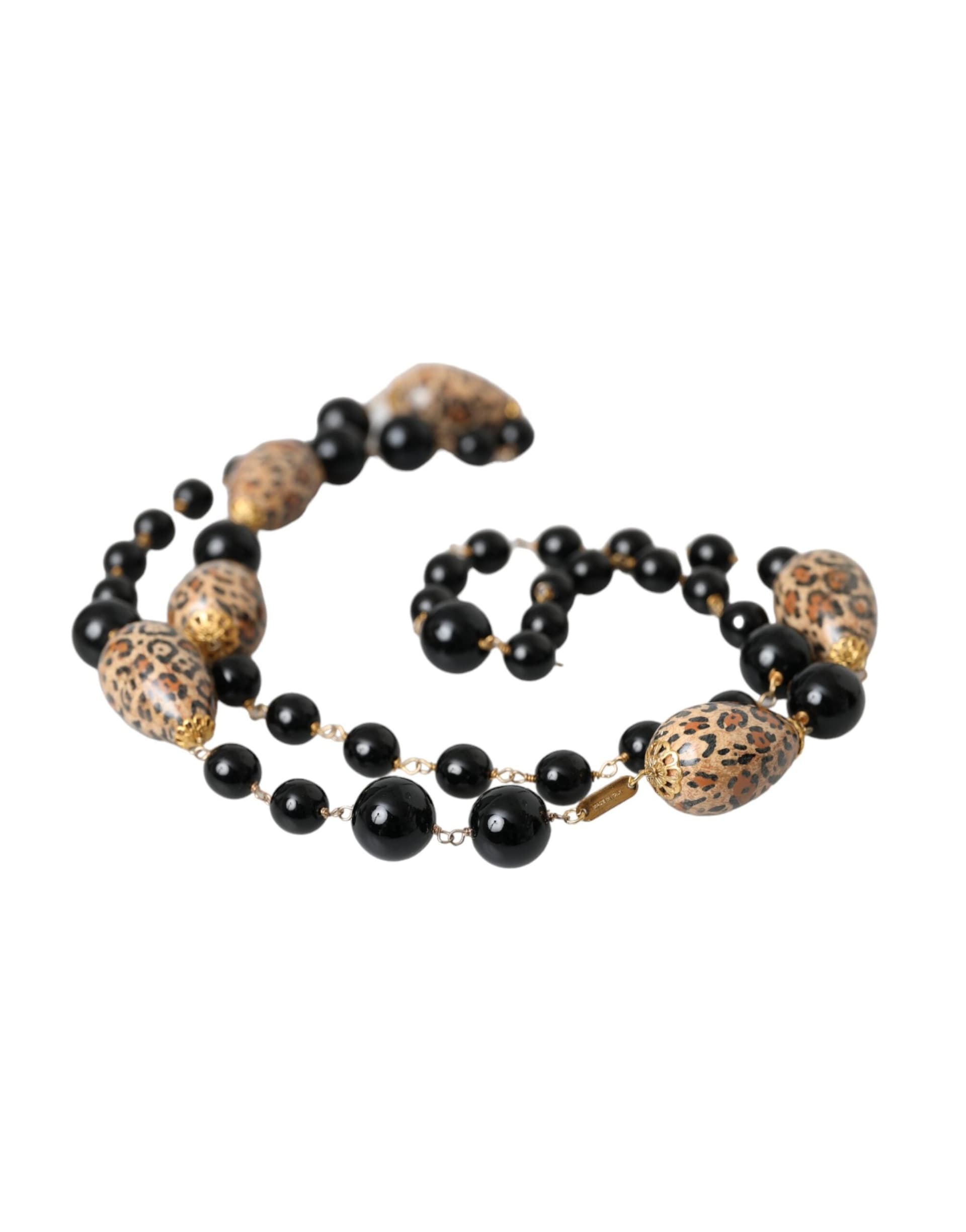 Gold Tone Brass Black Printed Beaded Long Chain Necklace - 5