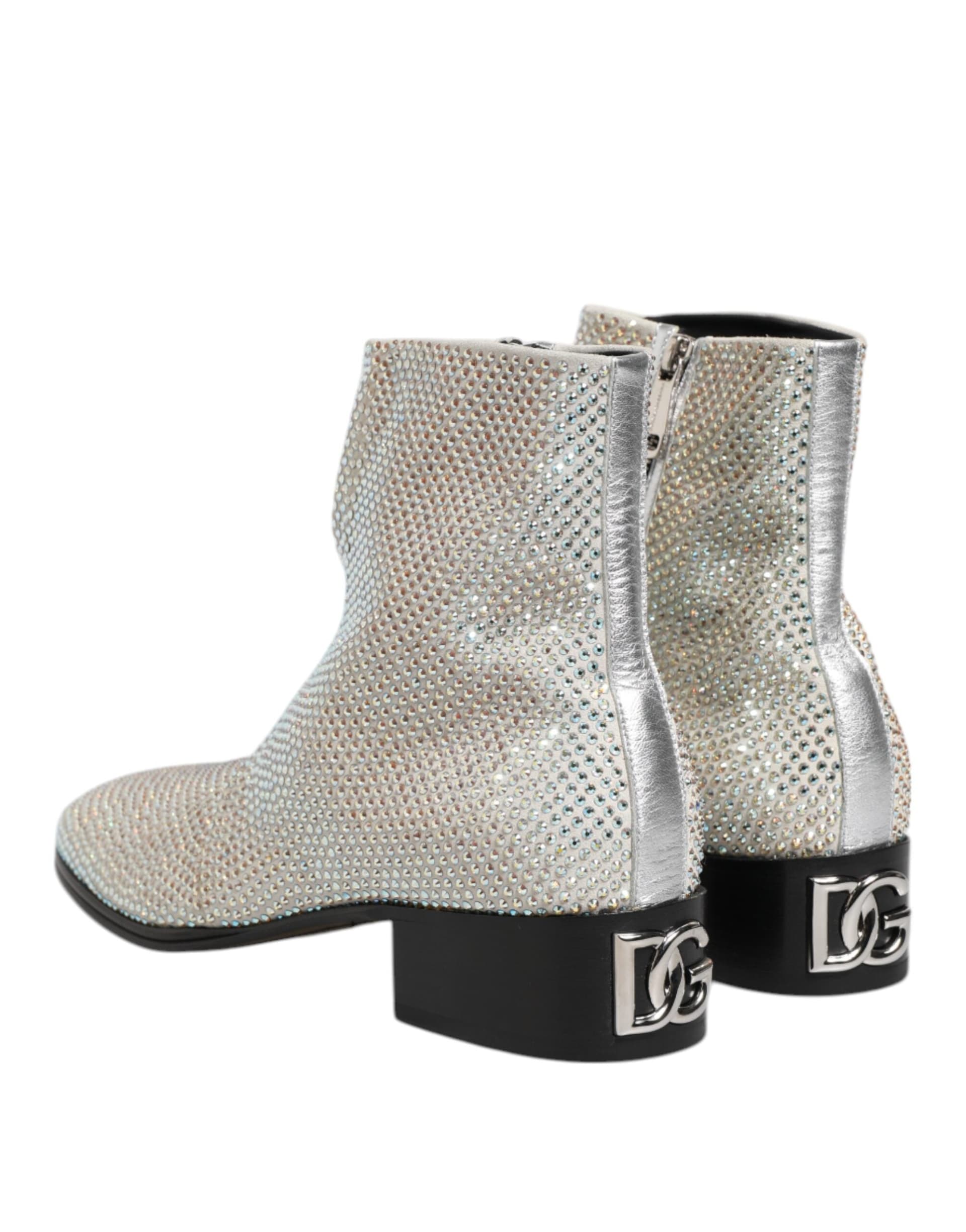 White Strass DG Logo Heels Ankle Boots Shoes - 4