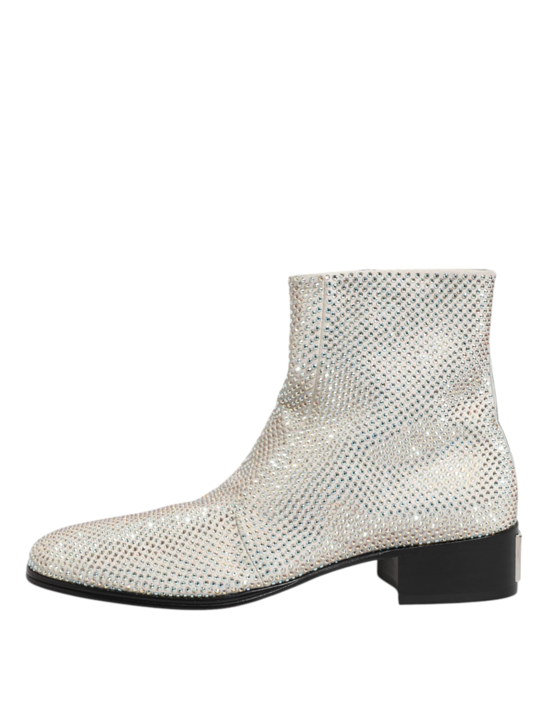 White Strass DG Logo Heels Ankle Boots Shoes - 5