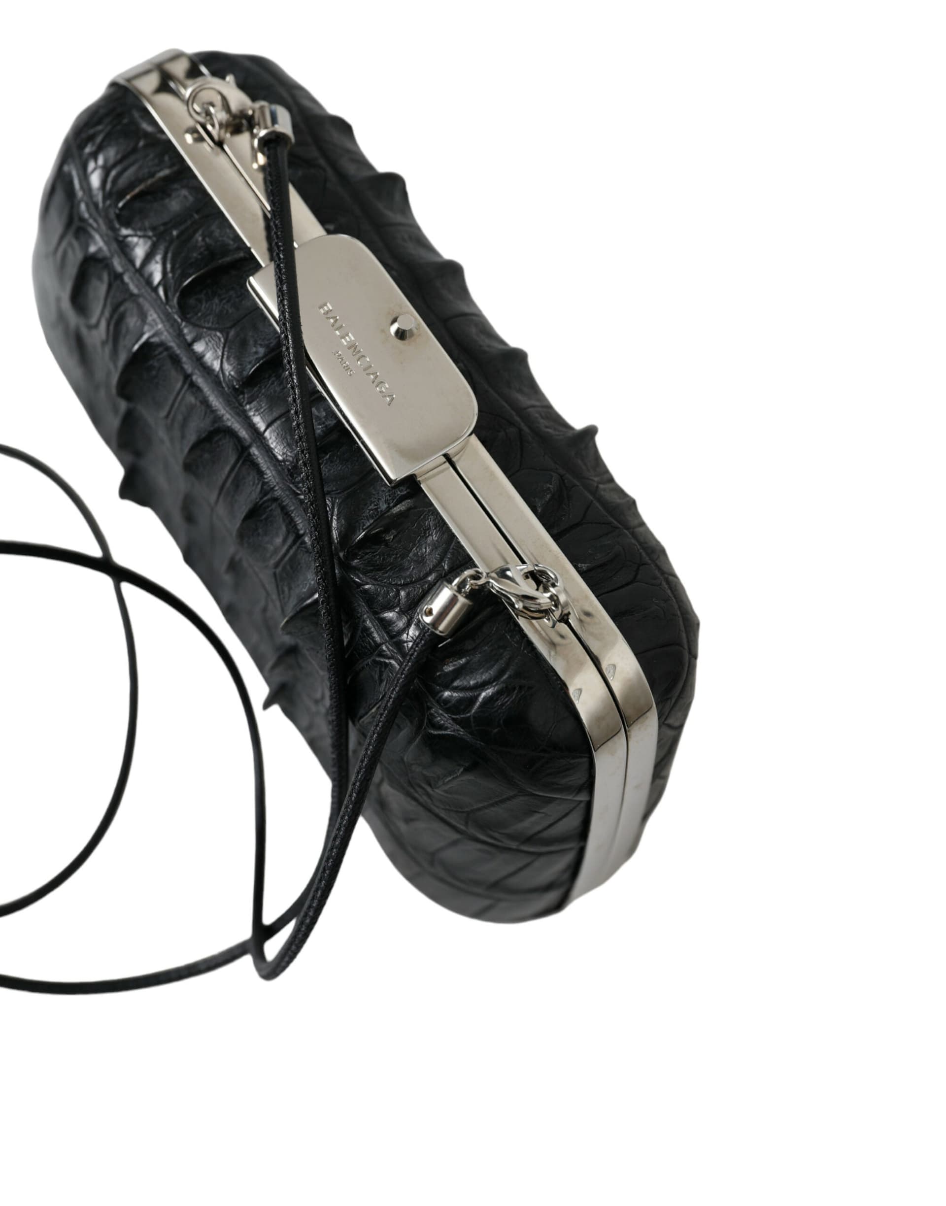 Black Exotic Skin Leather Shoulder Crossbody Box Clutch Bag - 2