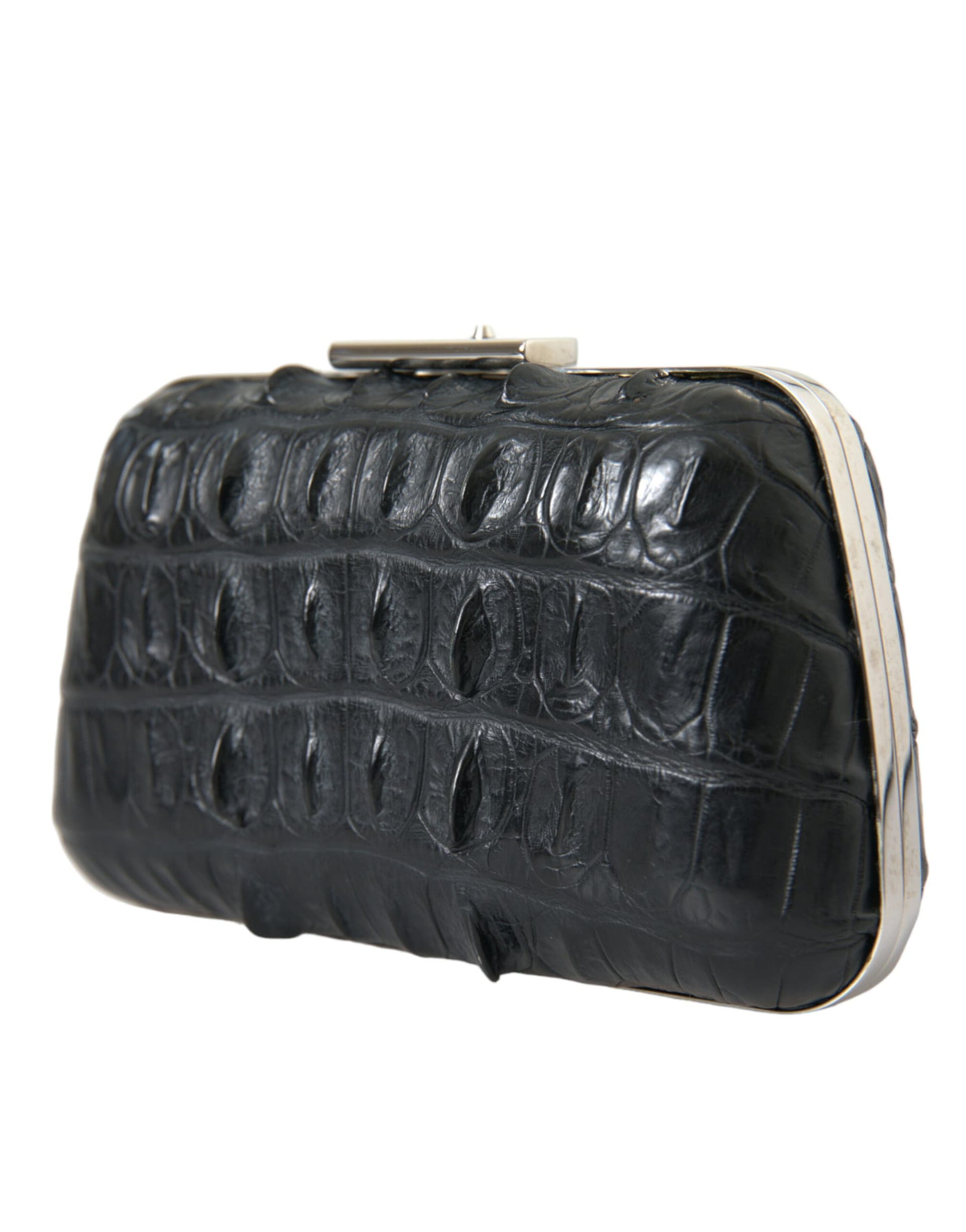 Black Exotic Skin Leather Shoulder Crossbody Box Clutch Bag - 4