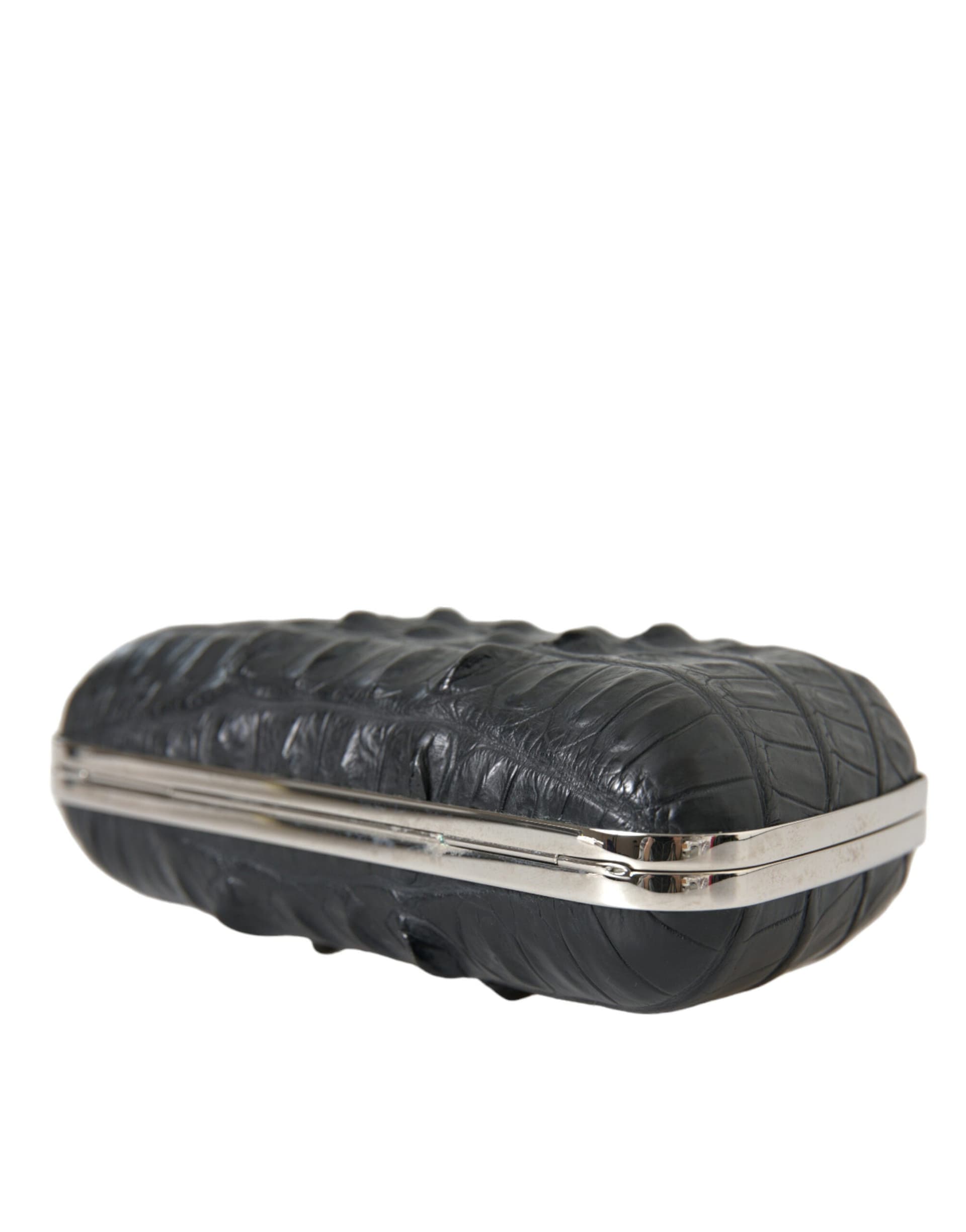 Black Exotic Skin Leather Shoulder Crossbody Box Clutch Bag - 6