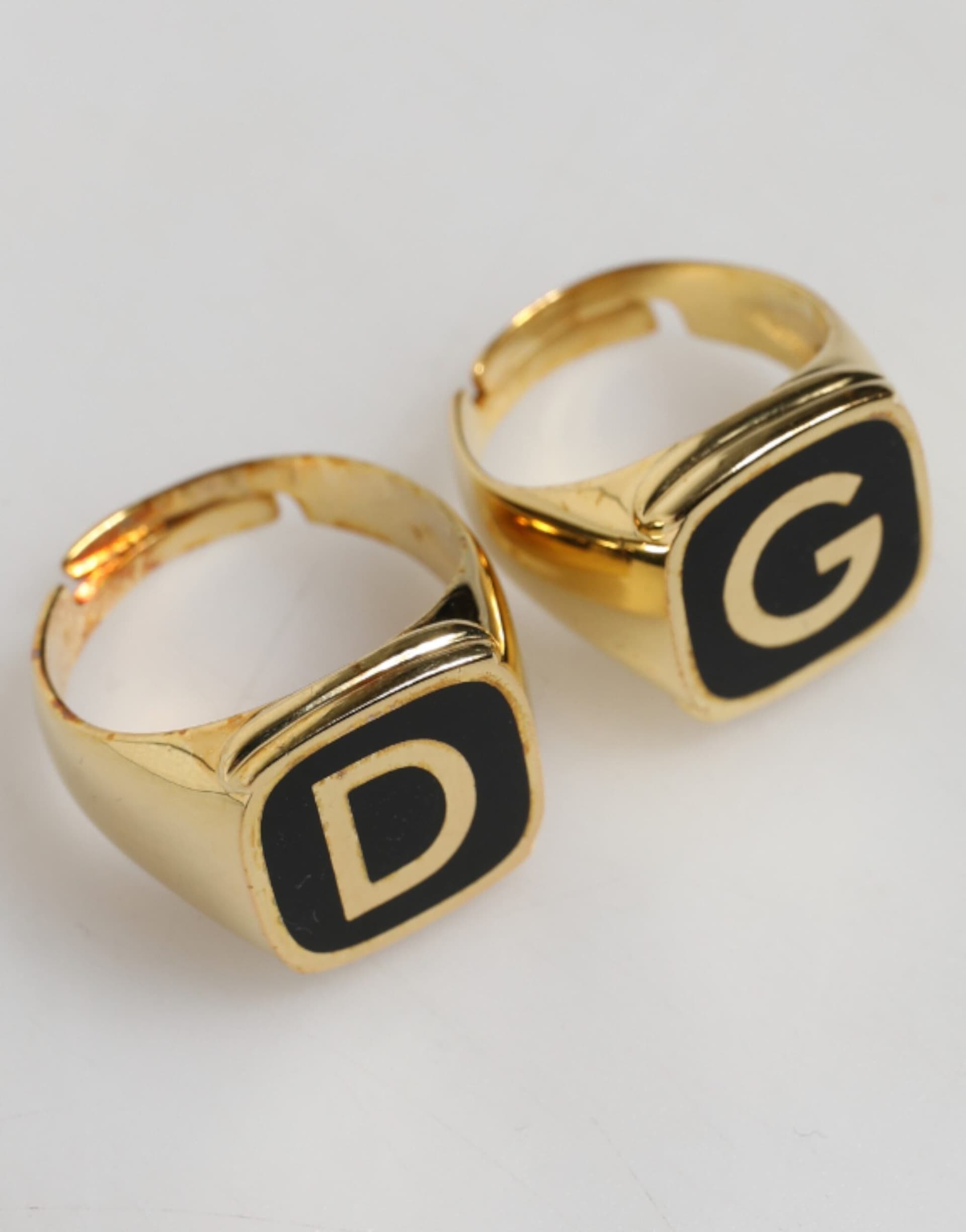 Gold-Tone Real Brass Black Enamel "DG" Adjustable Rings - 7