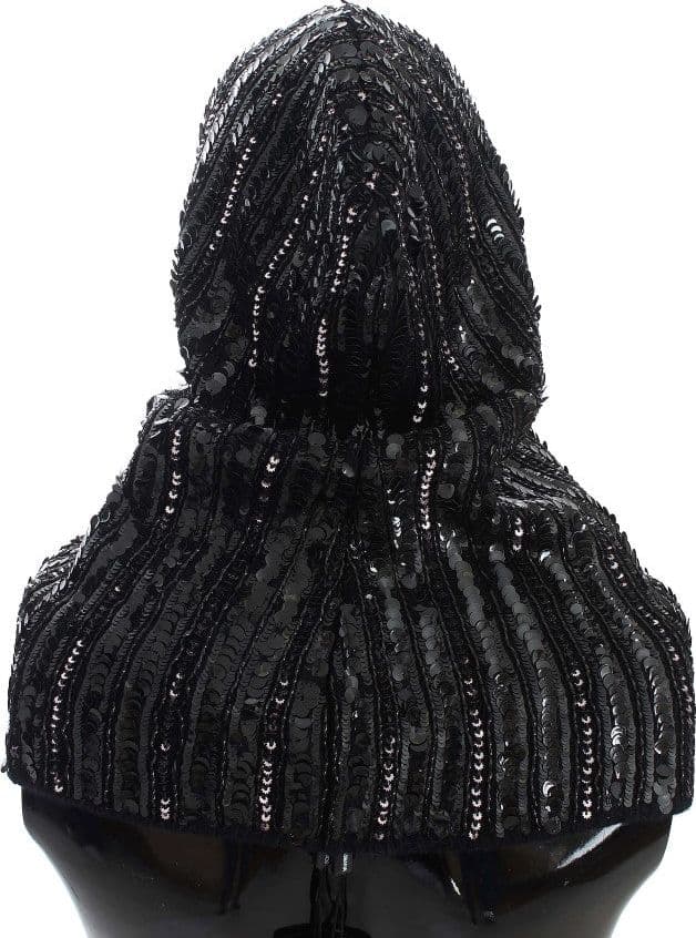 Black Knitted Sequin Hood Scarf Hat - 3