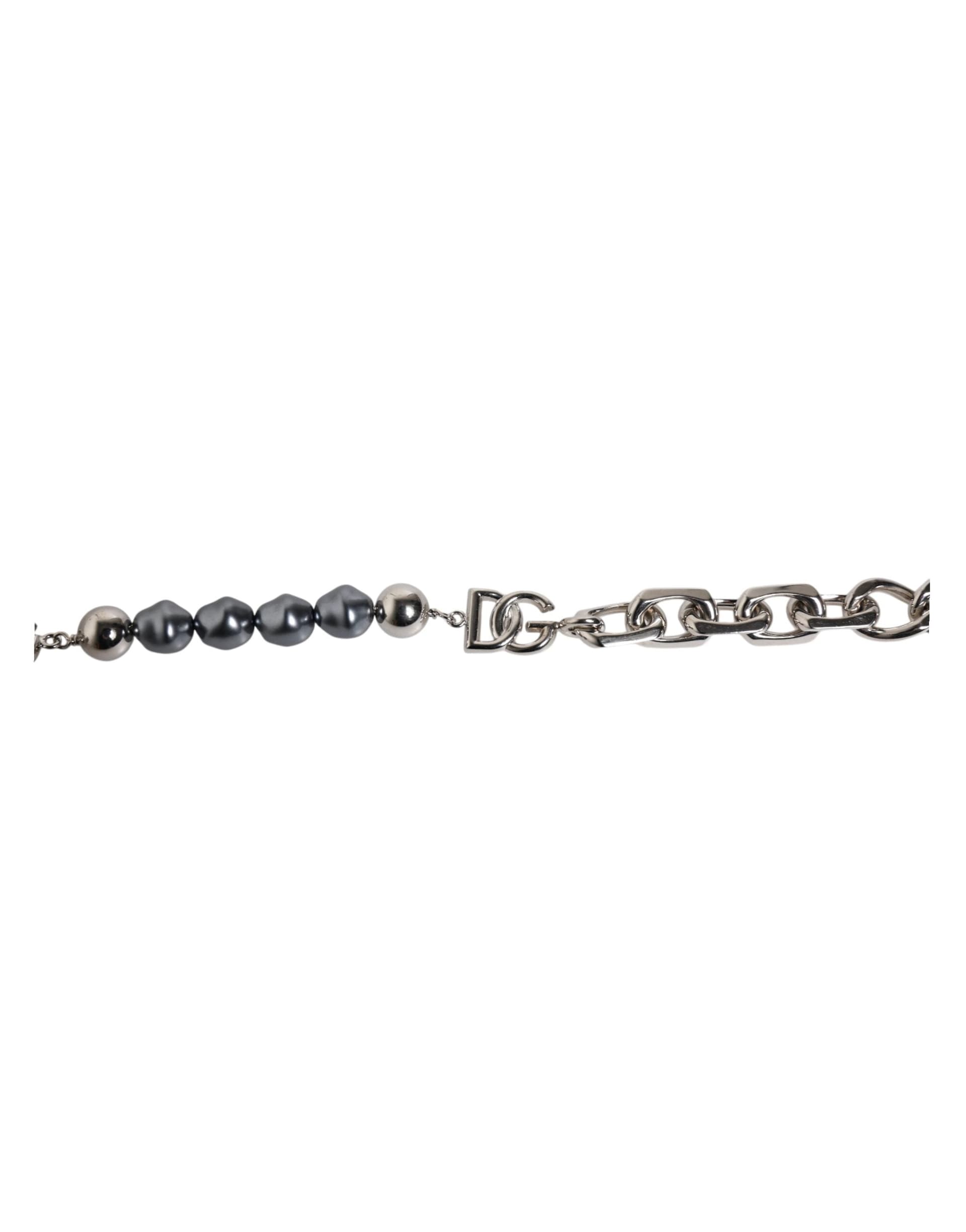 Silver Tone Chain Lobster Clasp Logo Gray Pearls Bracelet - 2