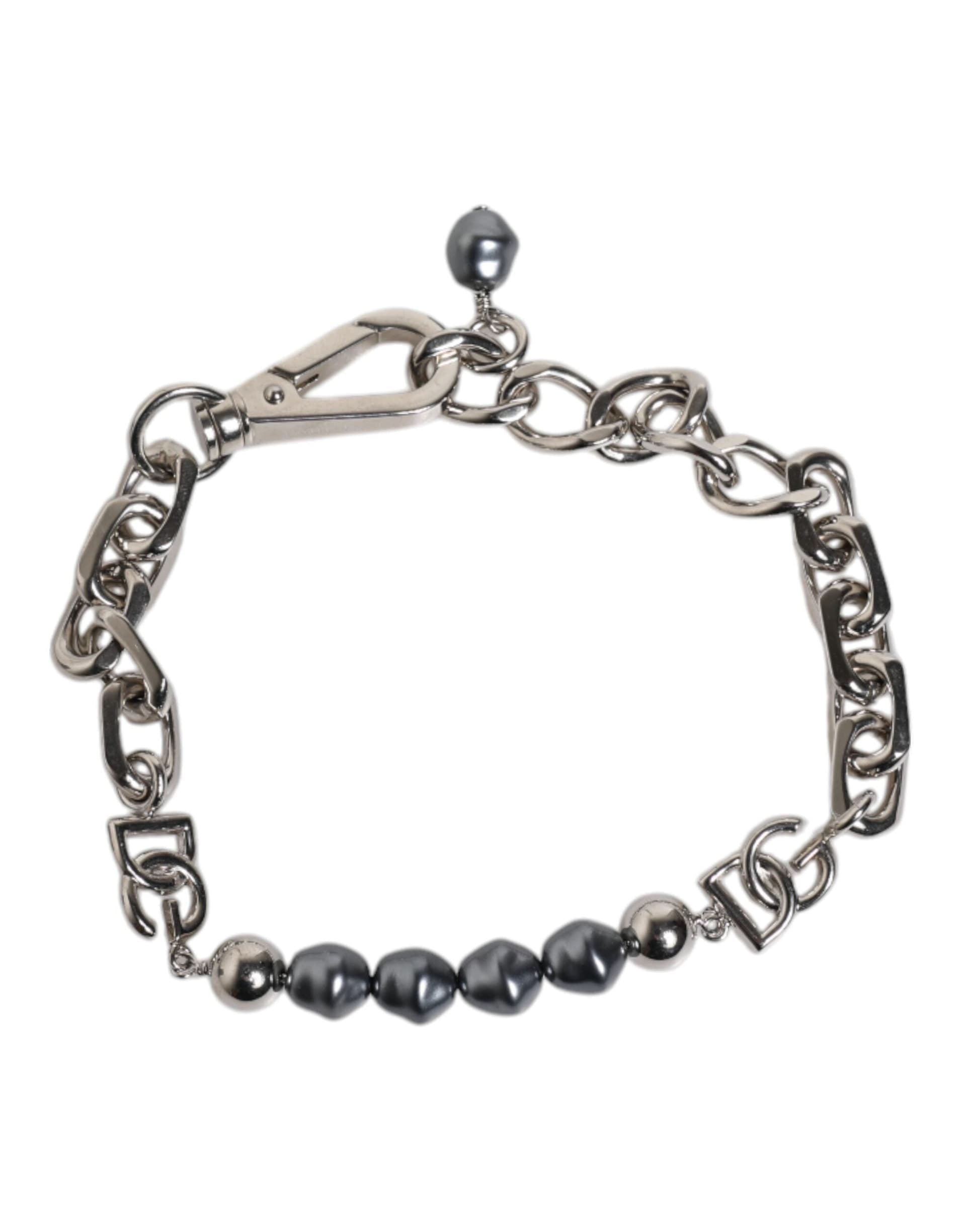 Silver Tone Chain Lobster Clasp Logo Gray Pearls Bracelet - 5