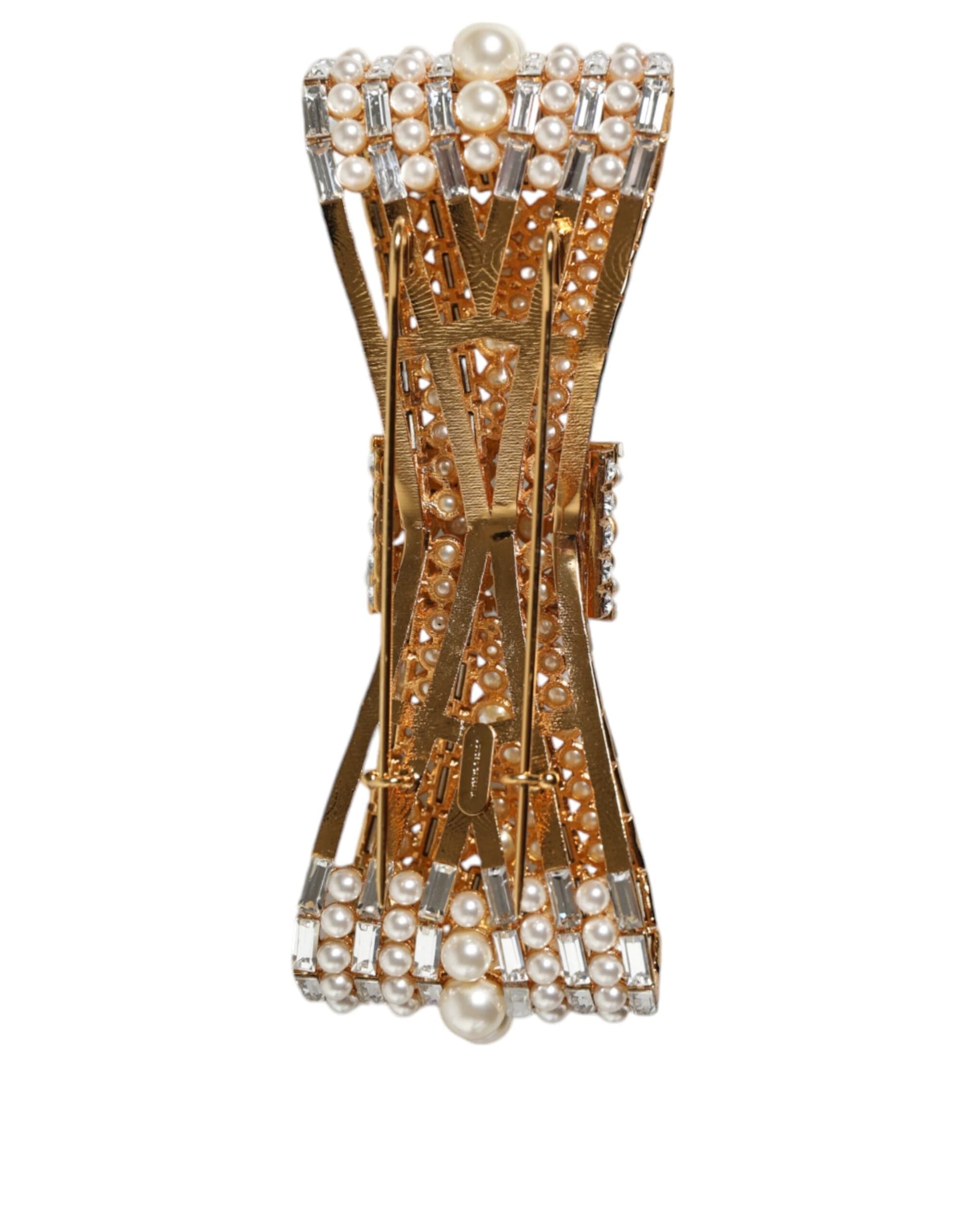 Gold Tone Brass Bow Crystal FauxPearl Embellished Brooch - 2