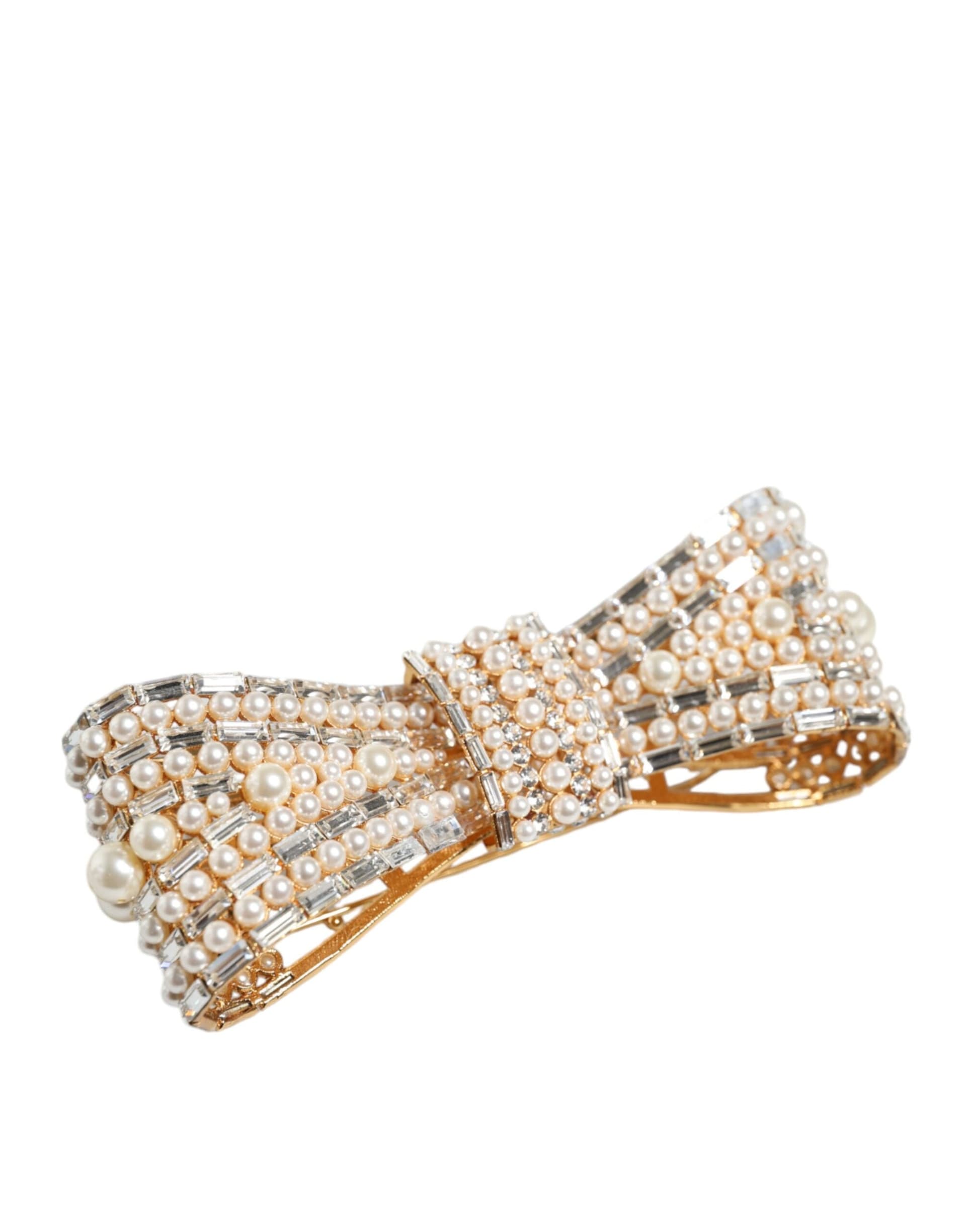 Gold Tone Brass Bow Crystal FauxPearl Embellished Brooch - 3