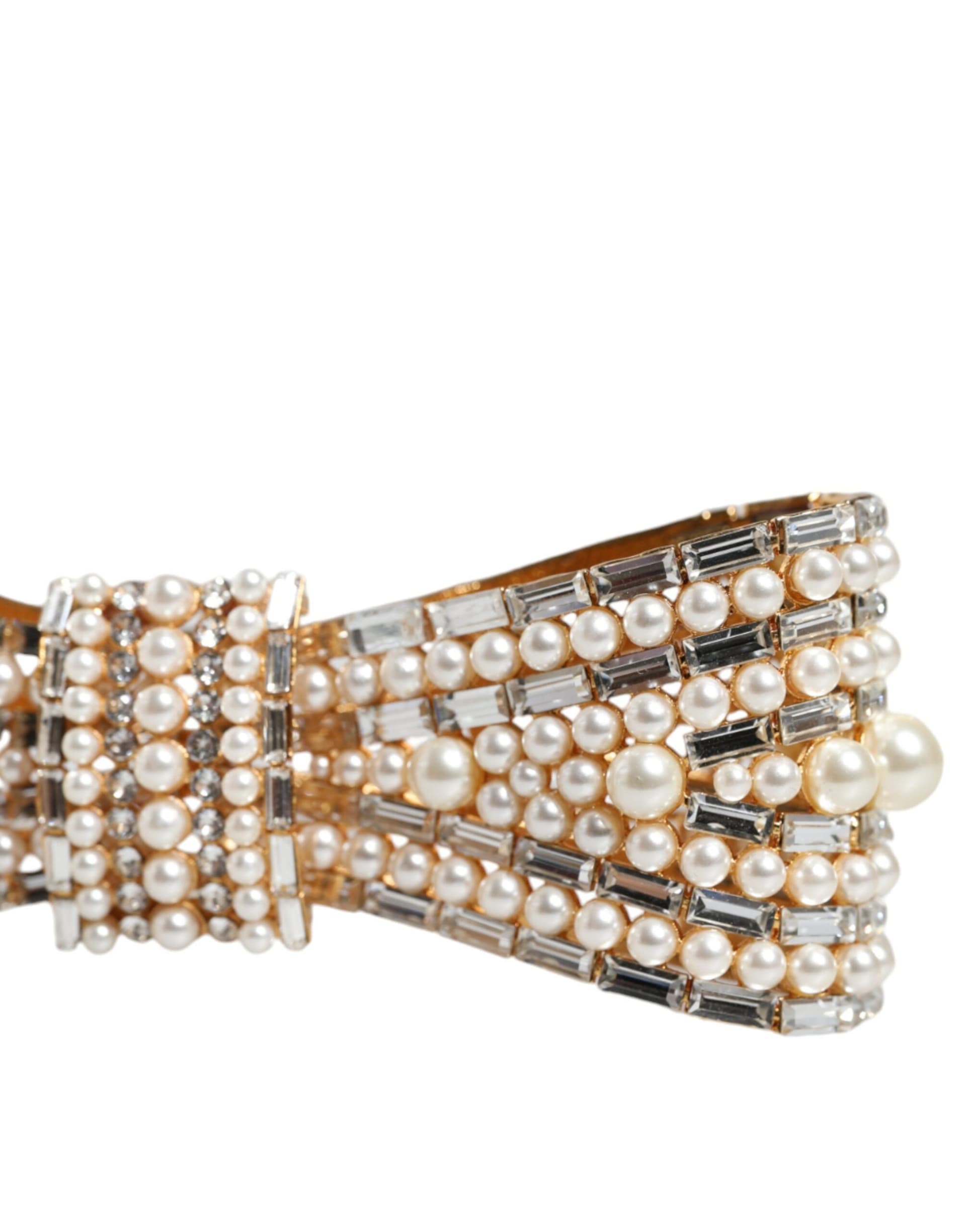 Gold Tone Brass Bow Crystal FauxPearl Embellished Brooch - 4