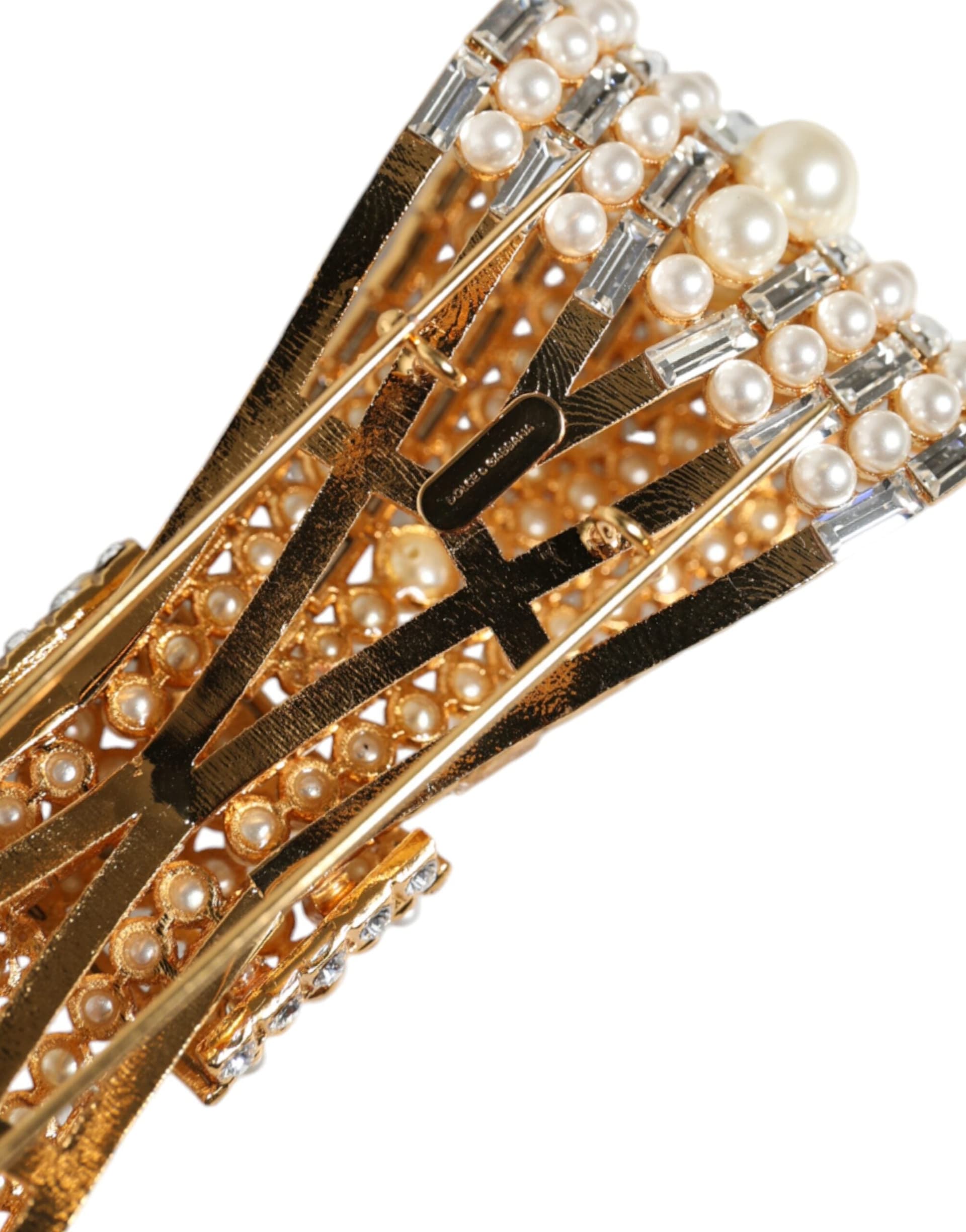 Gold Tone Brass Bow Crystal FauxPearl Embellished Brooch - 5
