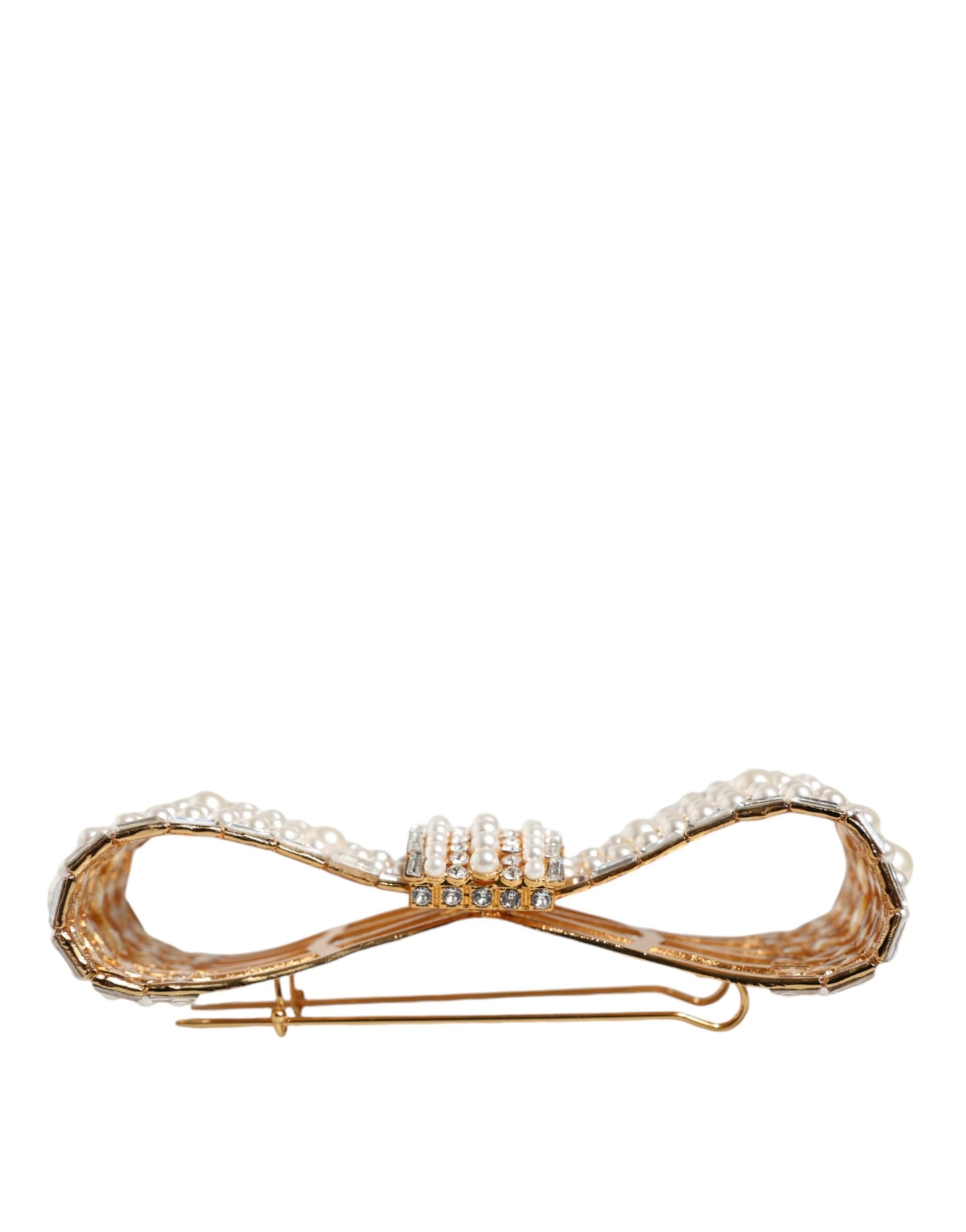 Gold Tone Brass Bow Crystal FauxPearl Embellished Brooch - 6