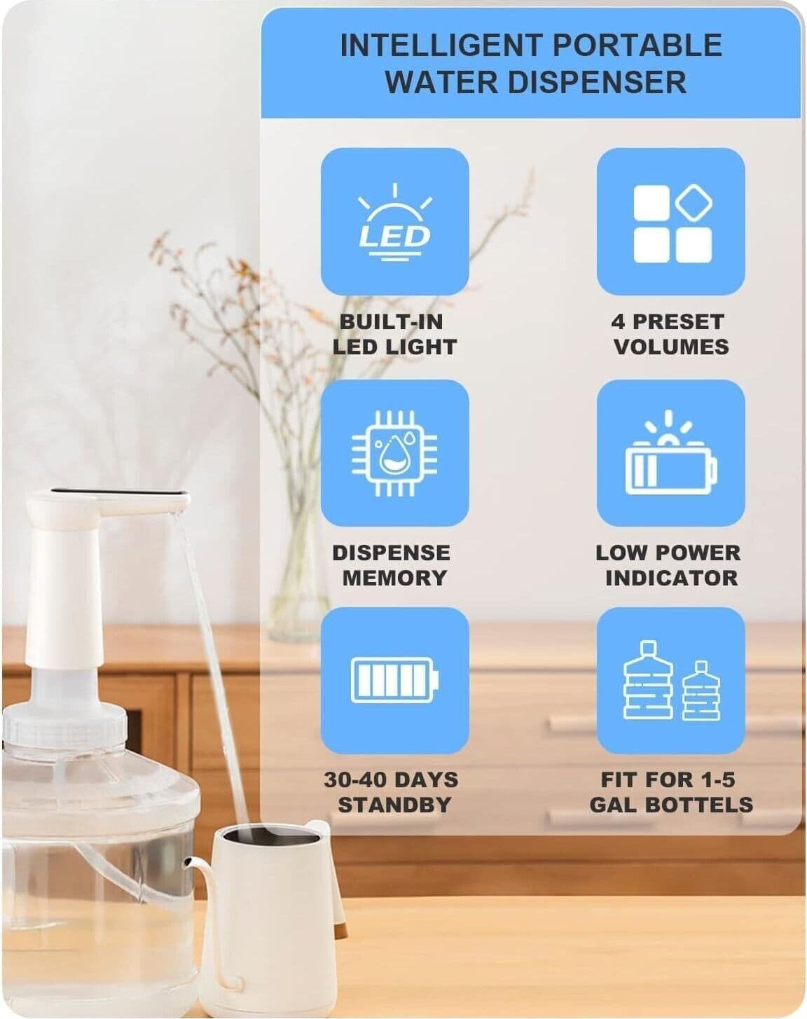 Dispenser di Acqua imbottigliata con Luce LED,  Ricarica USB, Pompa elettrica - 9