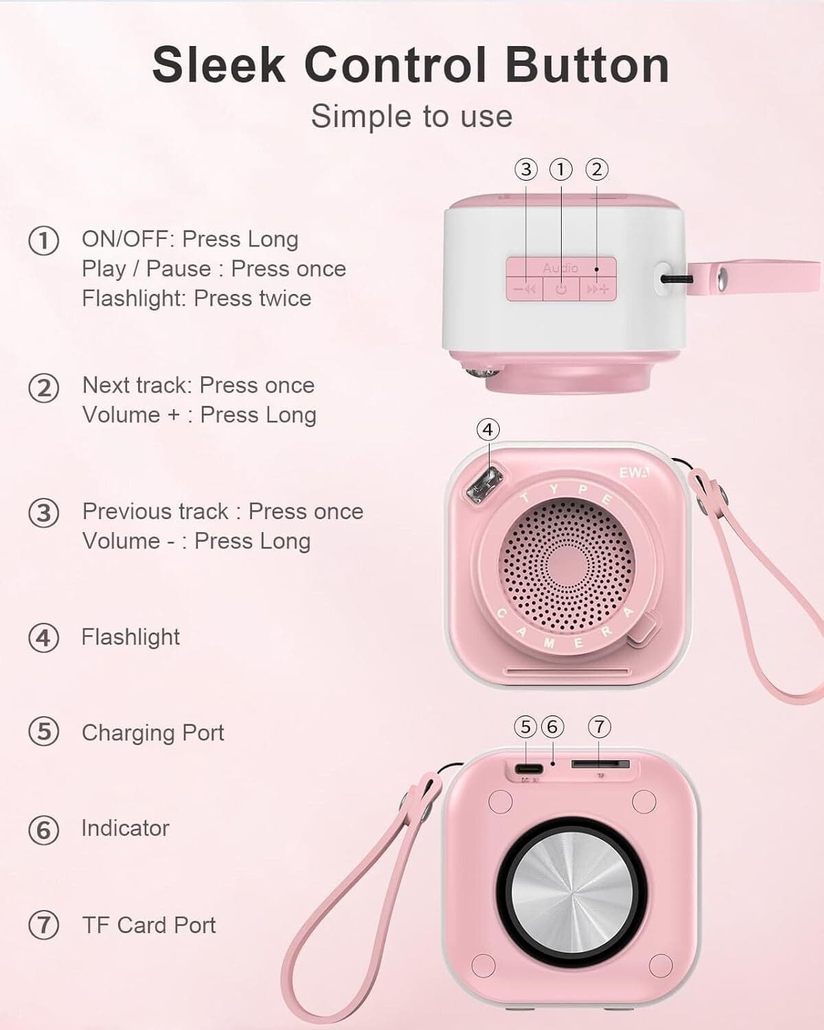 EWA Mini altoparlante wireless Bluetooth con cordino wireless portatile Rosa - 3