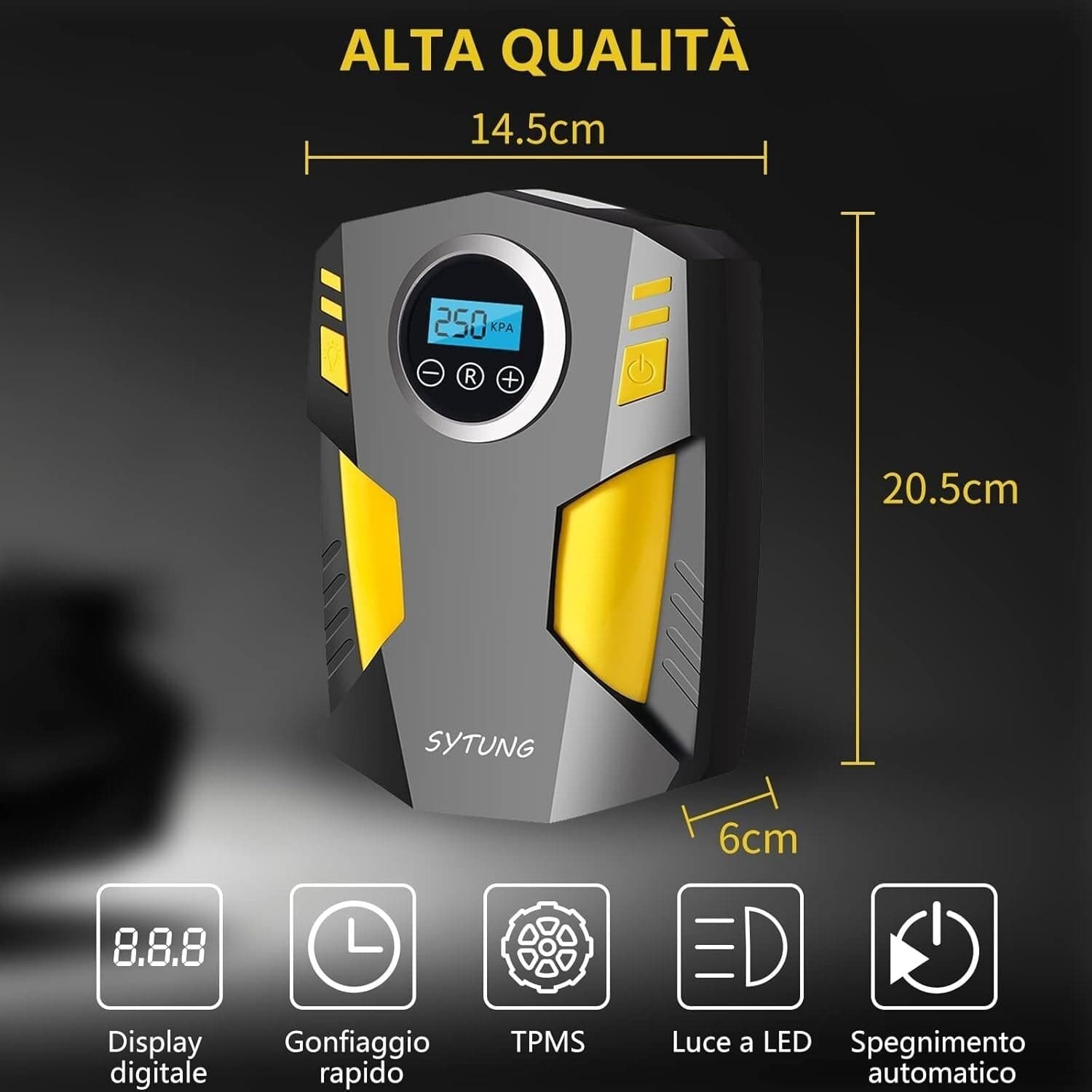 SYTUNG Compressore Aria Portatile Auto Con 3 Adattatori per Ugelli e Luci LED - 2