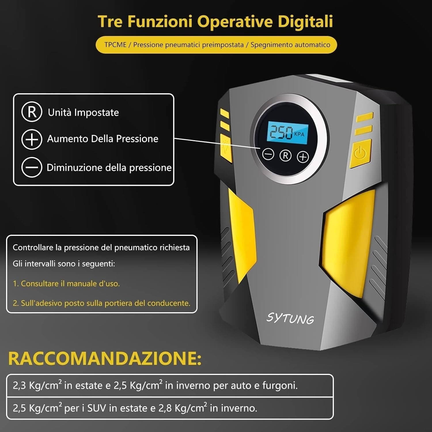SYTUNG Compressore Aria Portatile Auto Con 3 Adattatori per Ugelli e Luci LED - 4