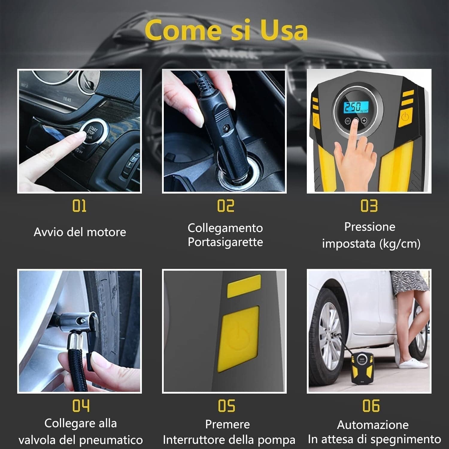 SYTUNG Compressore Aria Portatile Auto Con 3 Adattatori per Ugelli e Luci LED - 6