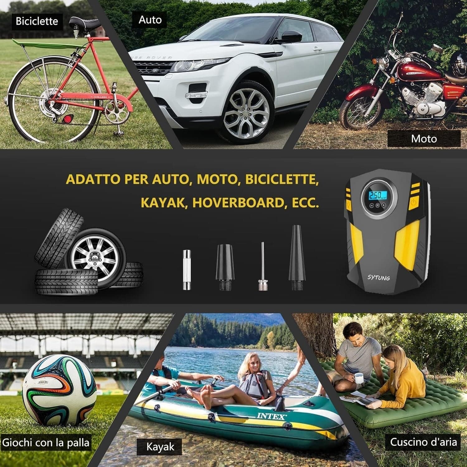 SYTUNG Compressore Aria Portatile Auto Con 3 Adattatori per Ugelli e Luci LED - 7