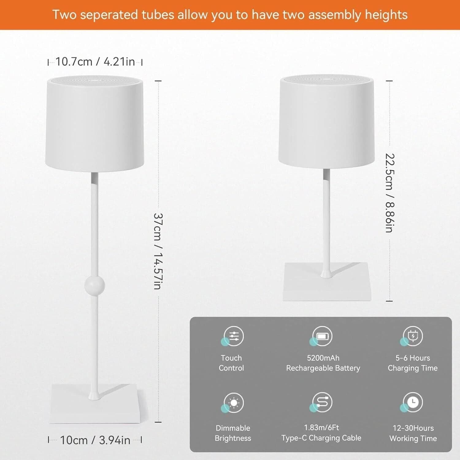 Lampada da tavolo a LED, batteria ricaricabile da 5200 mAh, 3 colori dimmerabile - 2
