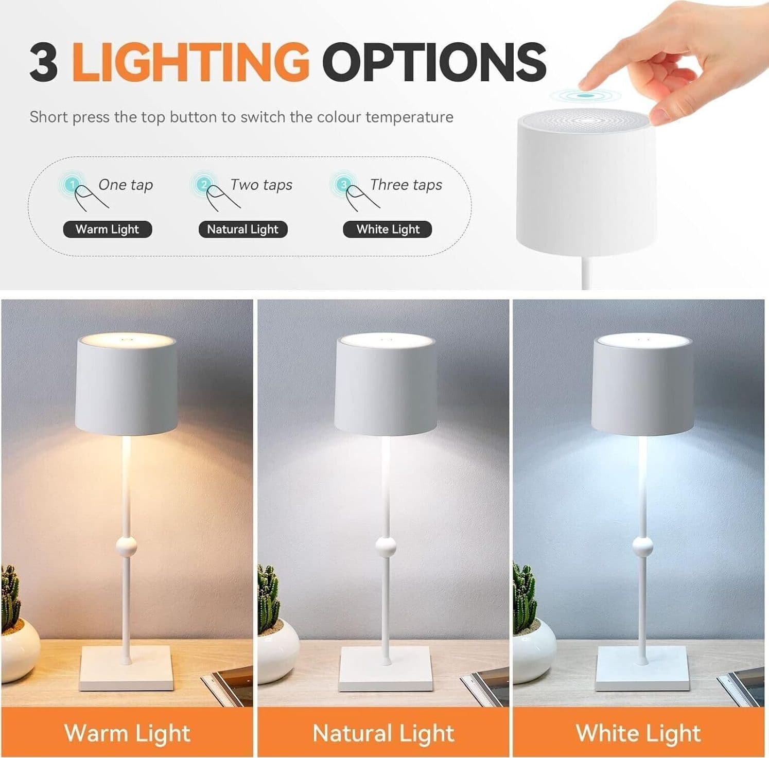 Lampada da tavolo a LED, batteria ricaricabile da 5200 mAh, 3 colori dimmerabile - 8