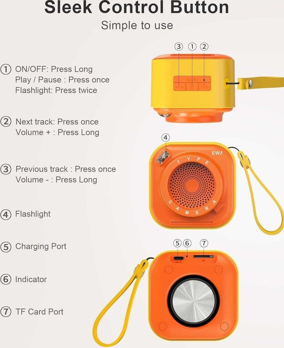 EWA Mini altoparlante wireless Bluetooth con cordino wireless portatile Arancio - 4